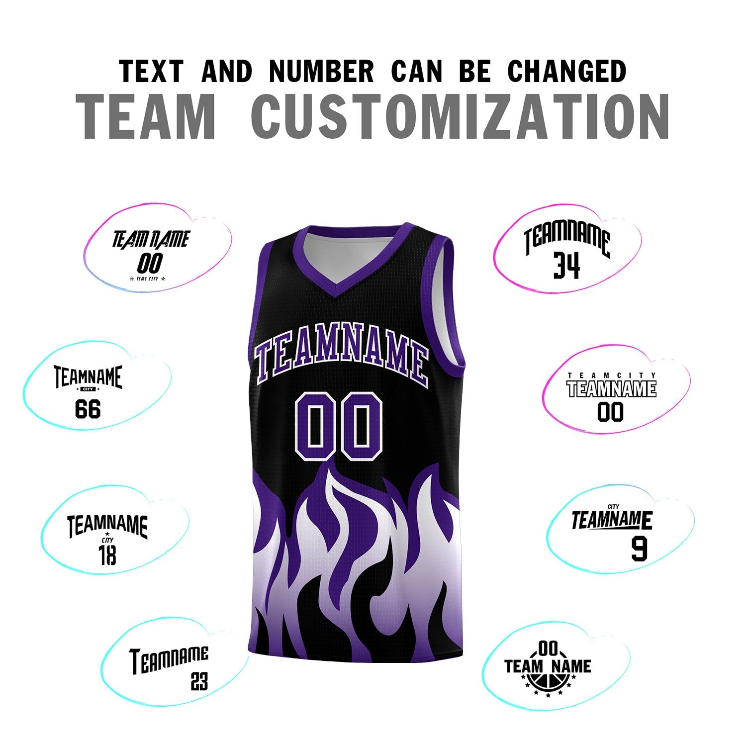 Custom Black Purple Hem Flame Pattern Fashion Sports Uniform Basketball jersey