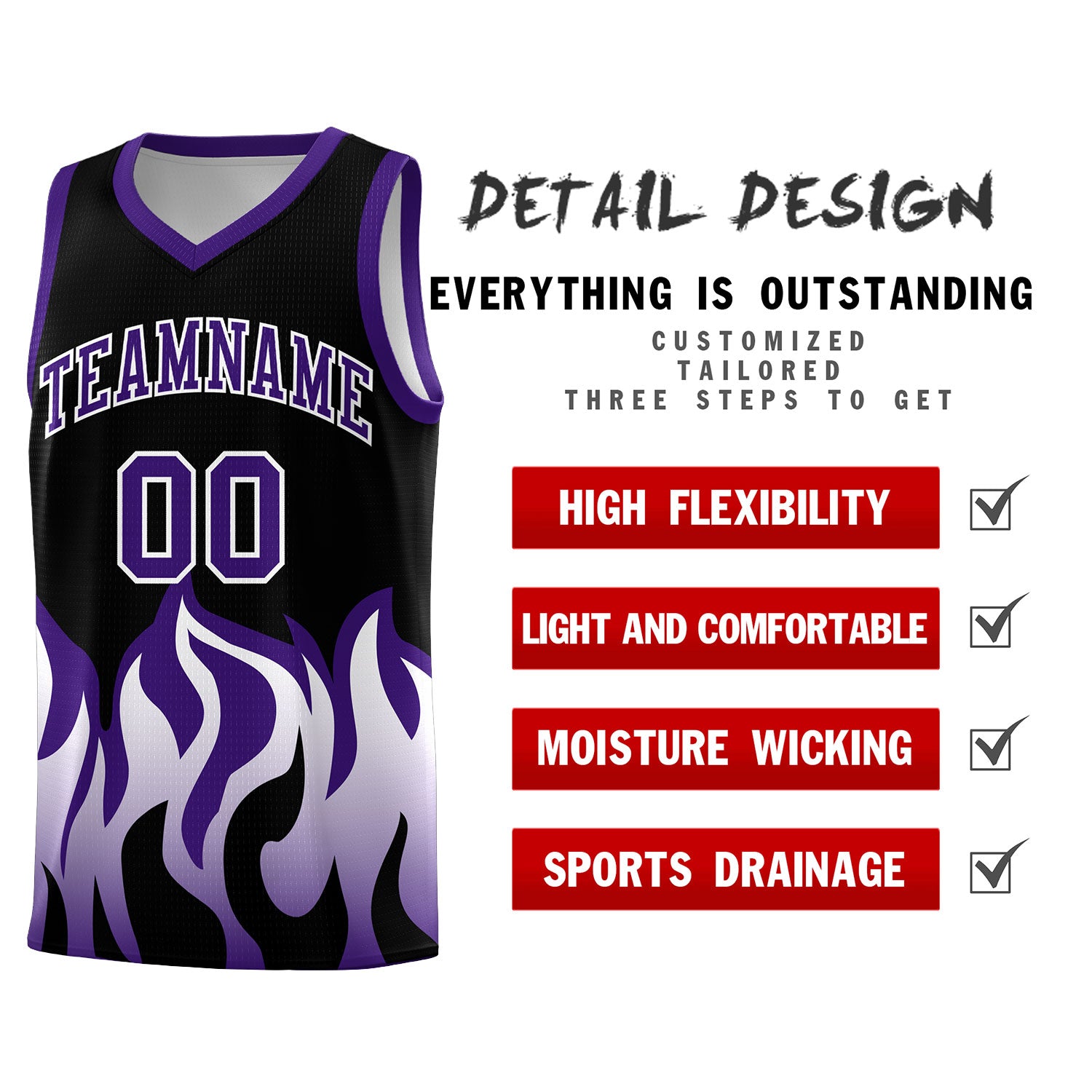 Custom Black Purple Hem Flame Pattern Fashion Sports Uniform Basketball jersey