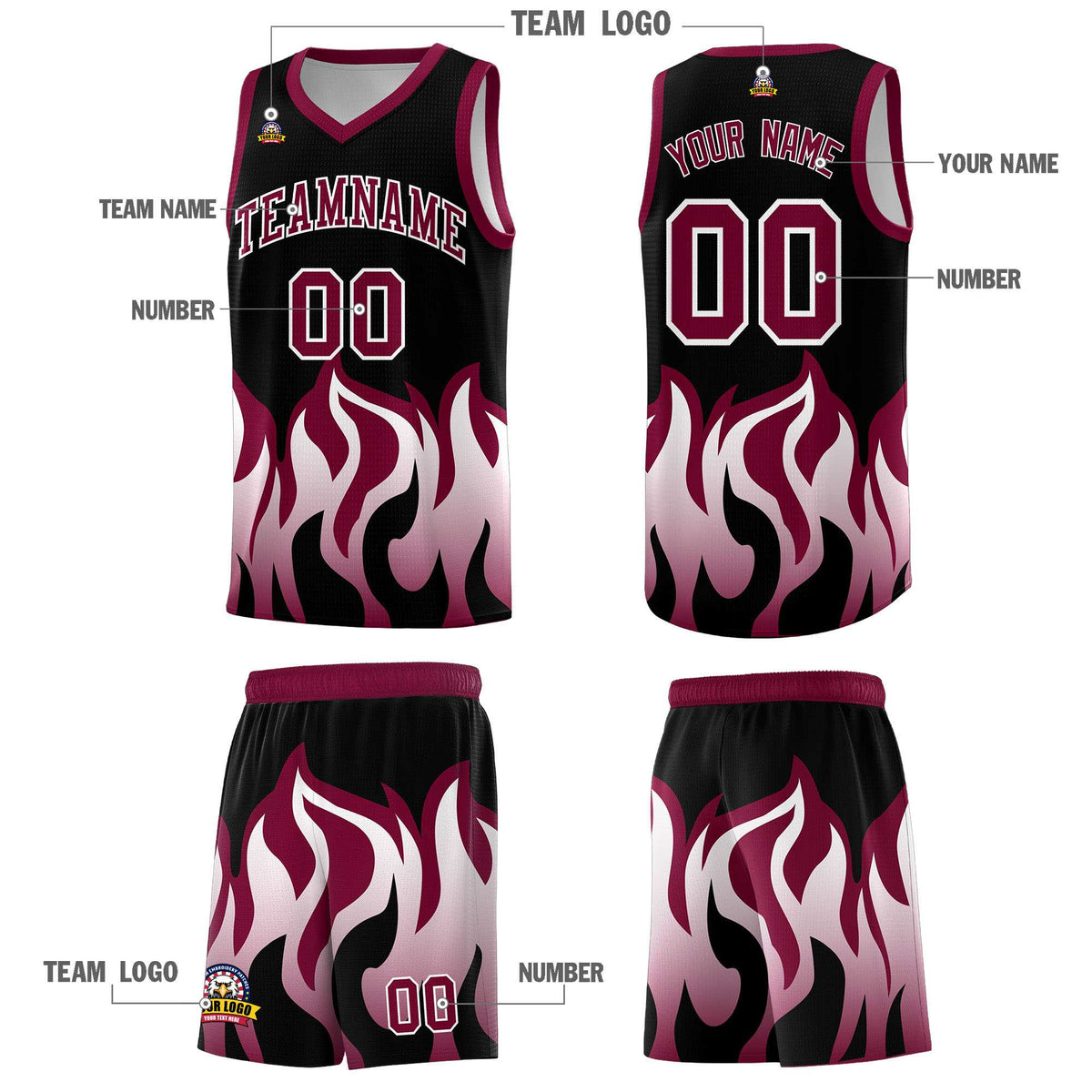 Custom Black Crimson Hem Flame Pattern Fashion Sports Uniform Basketball jersey