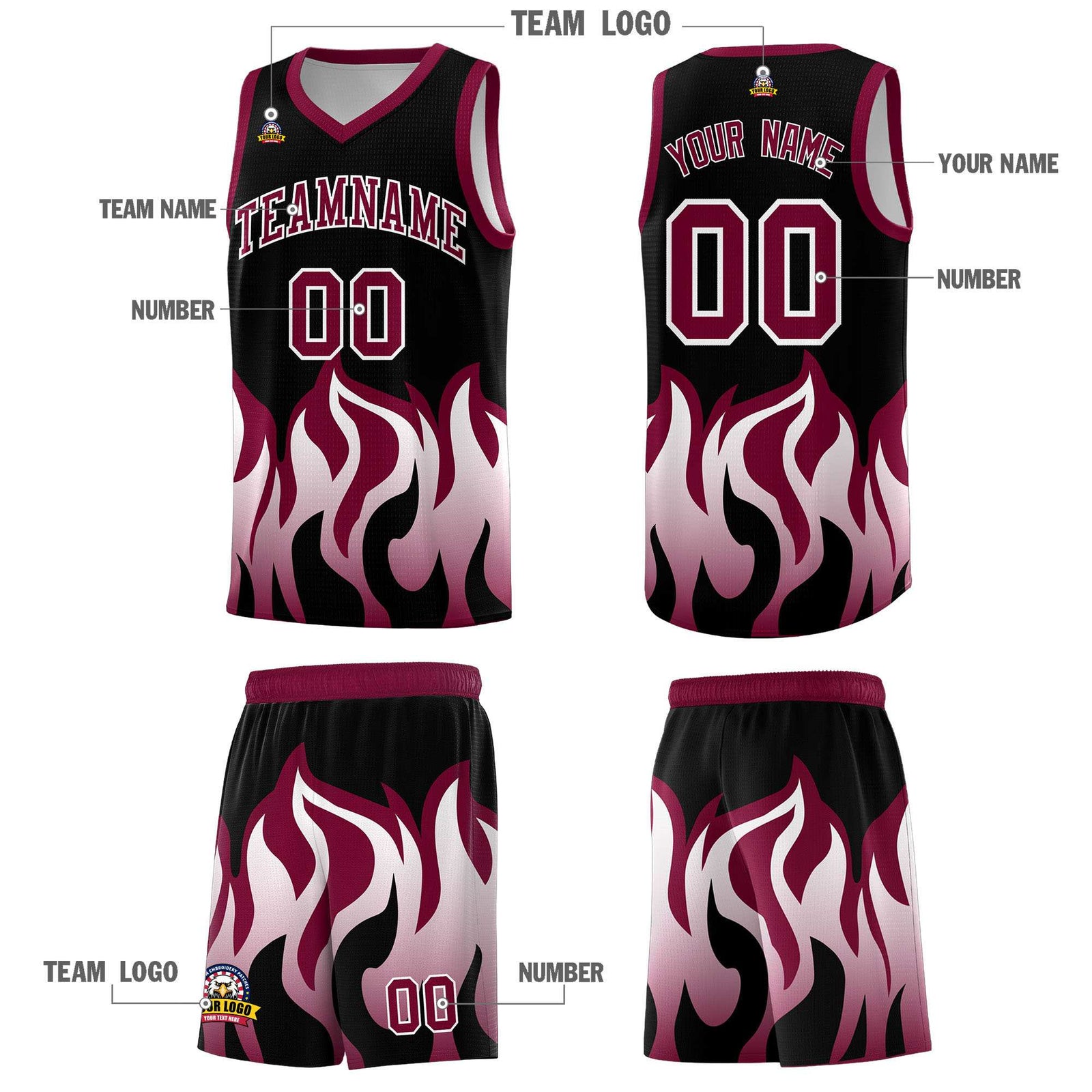Custom Black Crimson Hem Flame Pattern Fashion Sports Uniform Basketball jersey