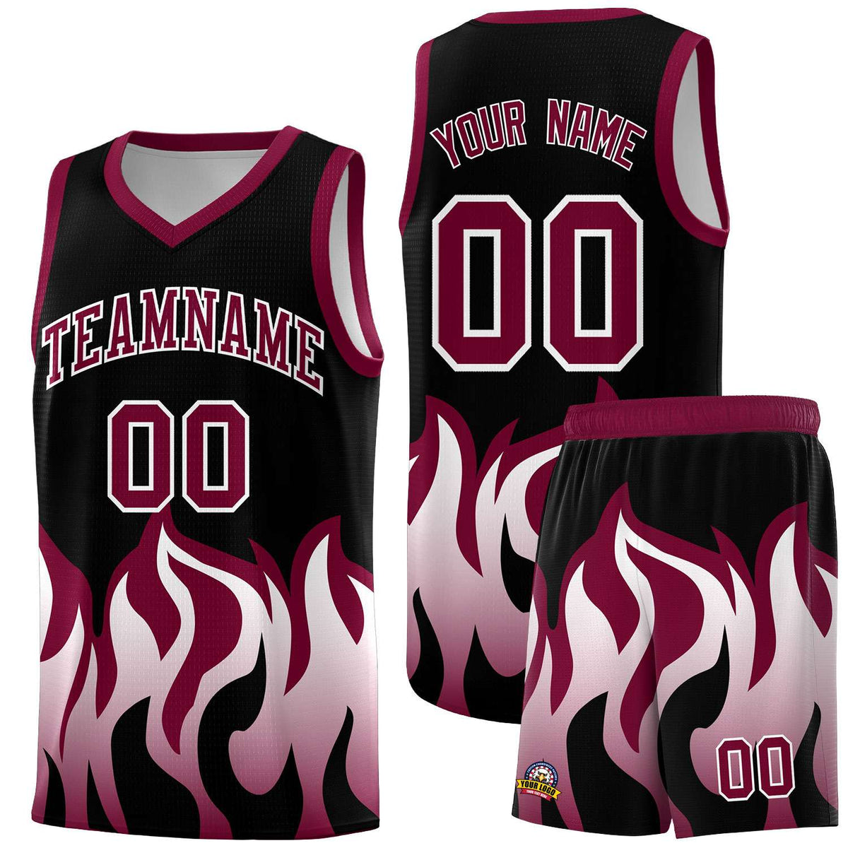 Custom Black Crimson Hem Flame Pattern Fashion Sports Uniform Basketball jersey