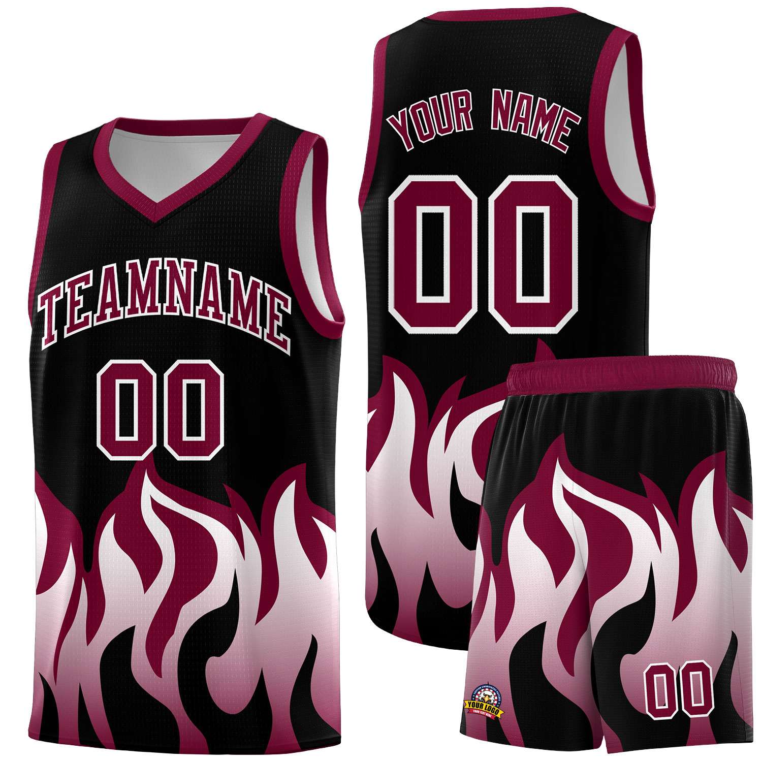 Custom Black Crimson Hem Flame Pattern Fashion Sports Uniform Basketball jersey