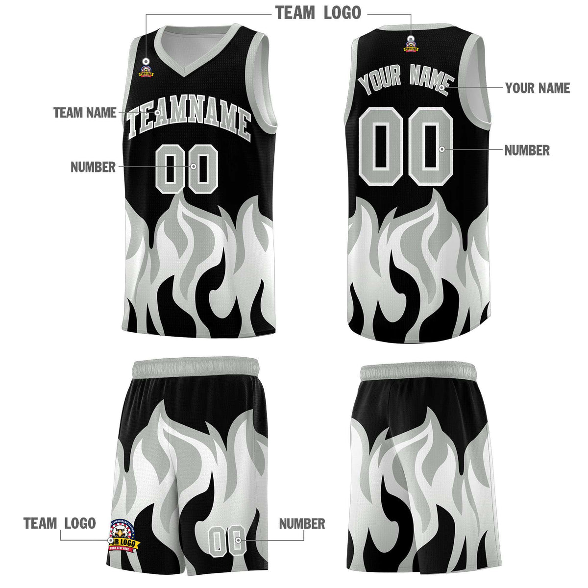 Custom Black Gray Hem Flame Pattern Fashion Sports Uniform Basketball jersey