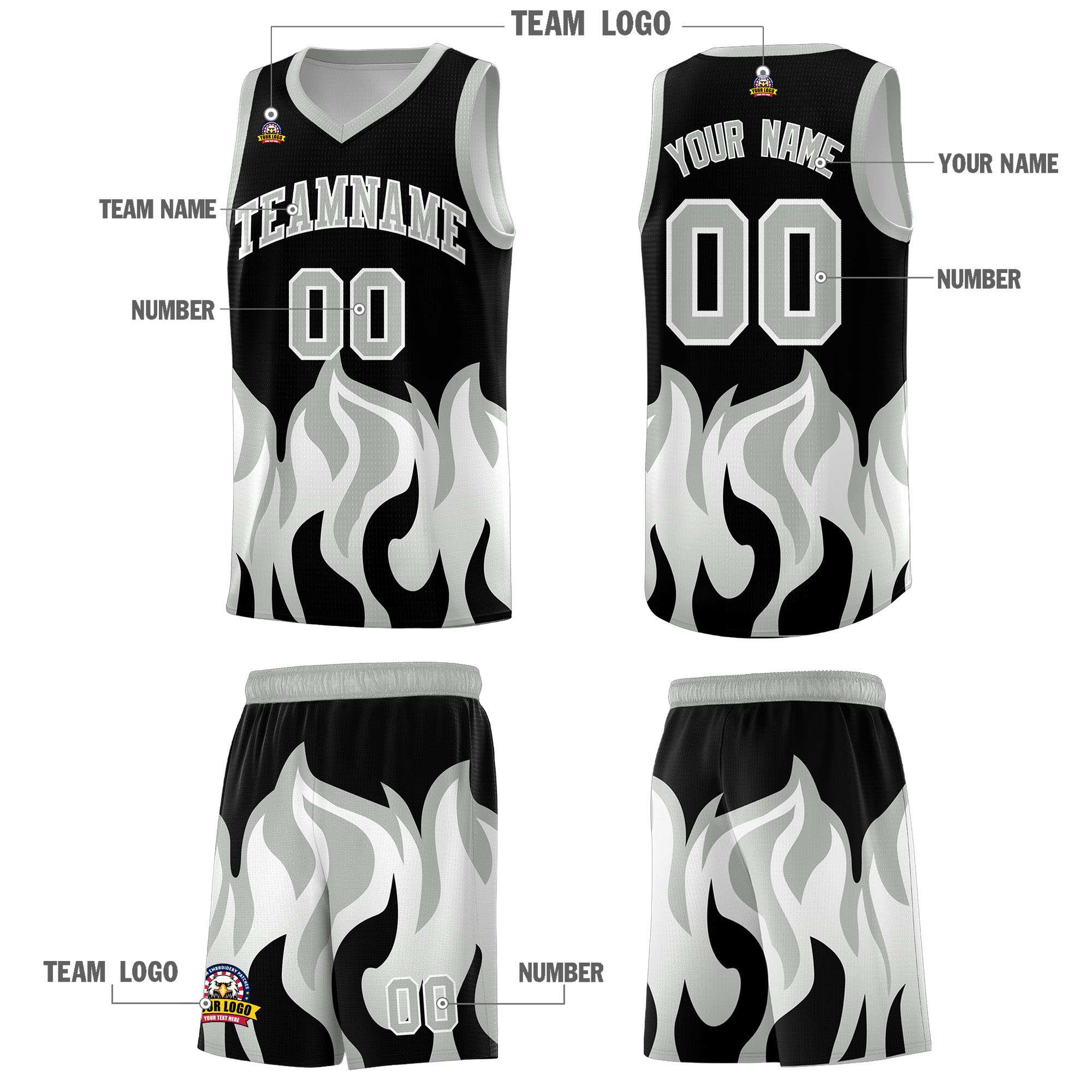 Custom Black Gray Hem Flame Pattern Fashion Sports Uniform Basketball jersey