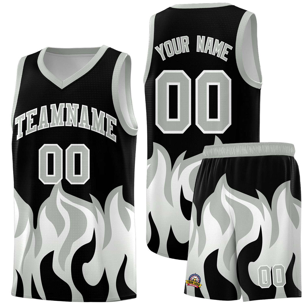 Custom Black Gray Hem Flame Pattern Fashion Sports Uniform Basketball jersey