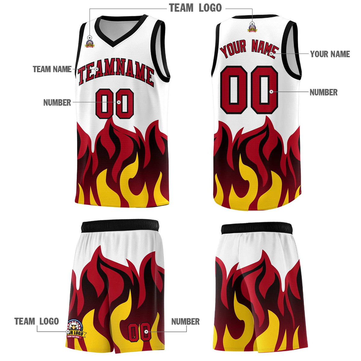 Custom White Red Hem Flame Pattern Fashion Sports Uniform Basketball jersey