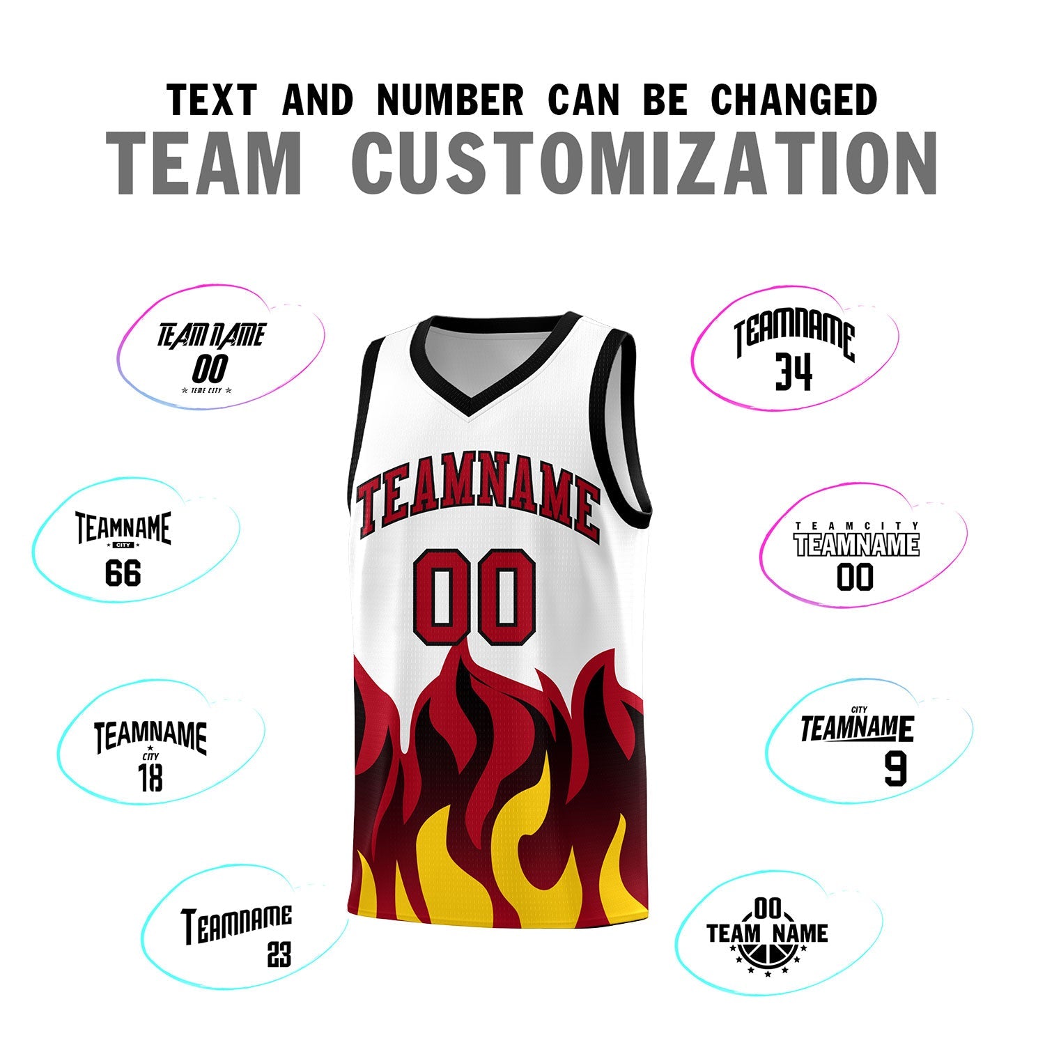 Custom White Red Hem Flame Pattern Fashion Sports Uniform Basketball jersey