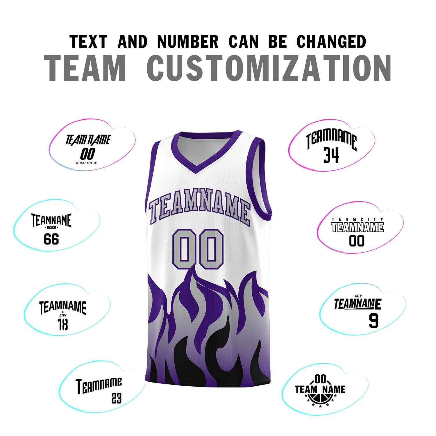 Custom White Purple Hem Flame Pattern Fashion Sports Uniform Basketball jersey