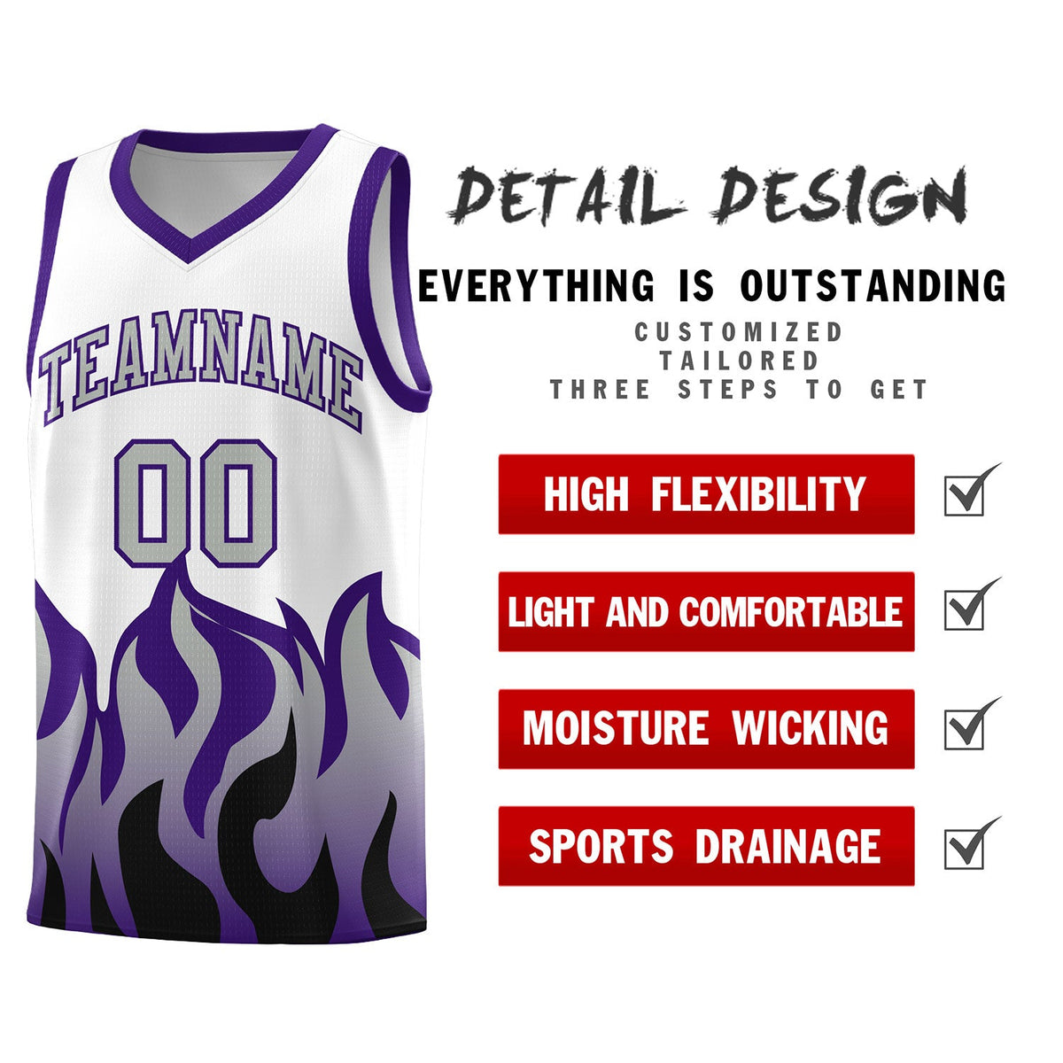 Custom White Purple Hem Flame Pattern Fashion Sports Uniform Basketball jersey