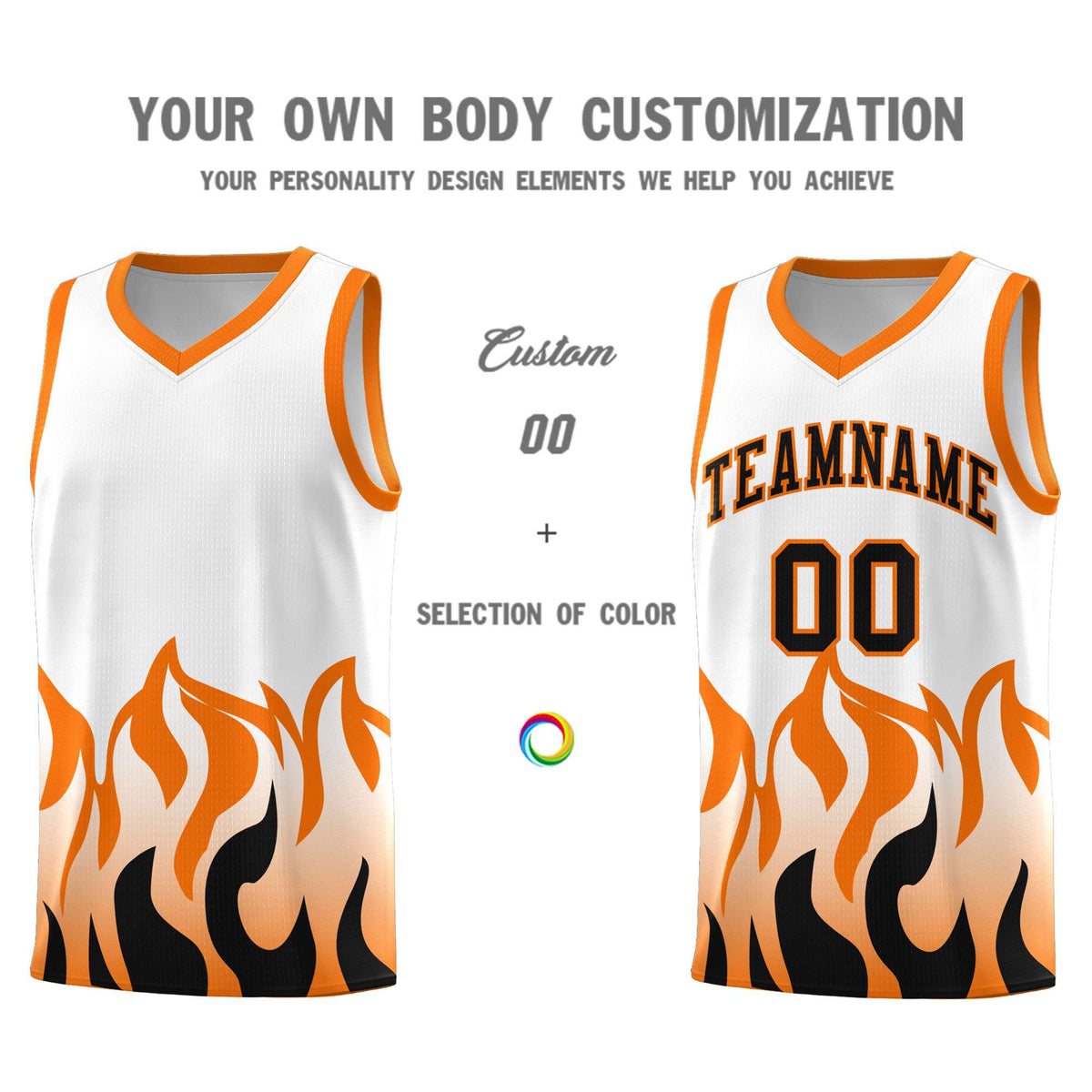 Custom White Orange Hem Flame Pattern Fashion Sports Uniform Basketball jersey