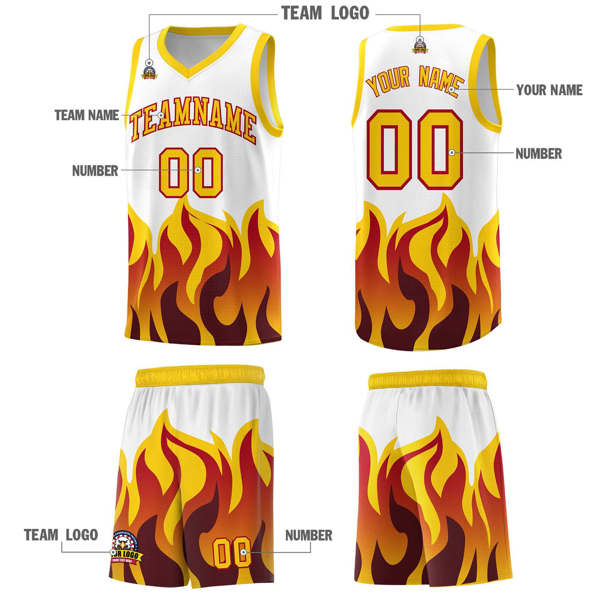Custom White Gold Hem Flame Pattern Fashion Sports Uniform Basketball jersey