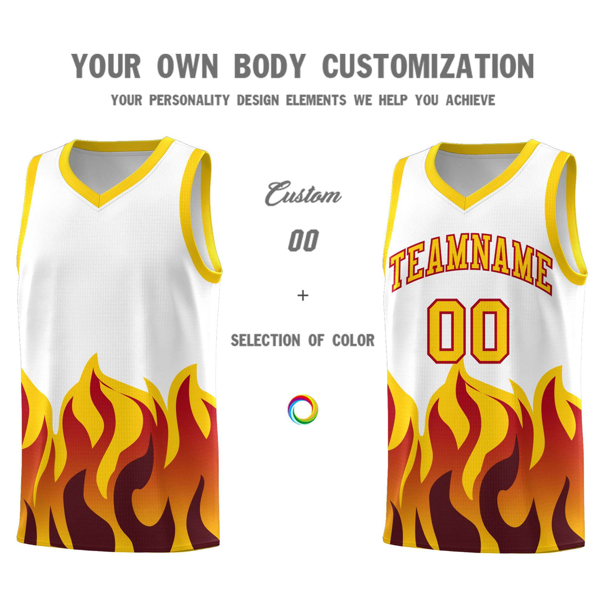 Custom White Gold Hem Flame Pattern Fashion Sports Uniform Basketball jersey