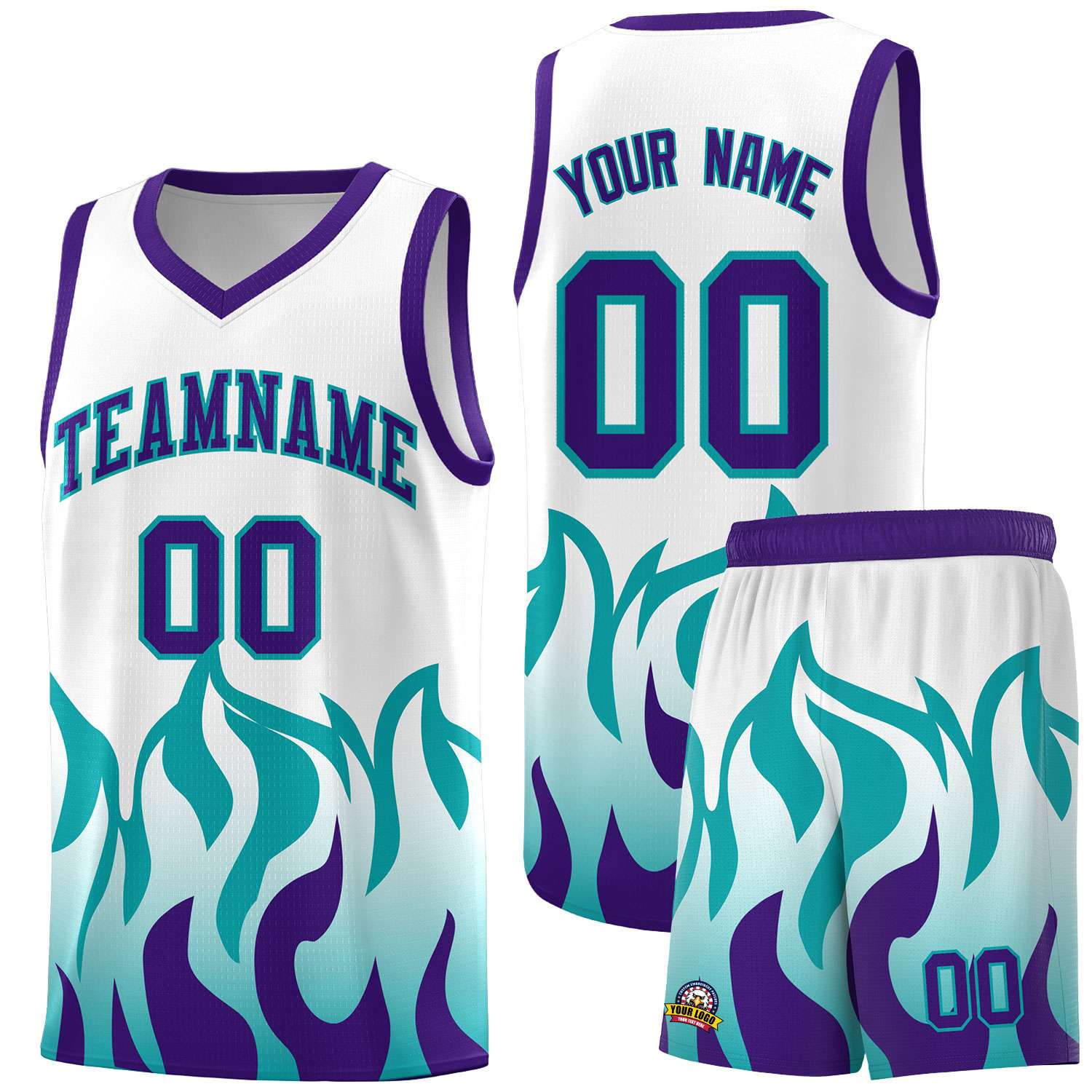 Custom White Aqua Hem Flame Pattern Fashion Sports Uniform Basketball jersey