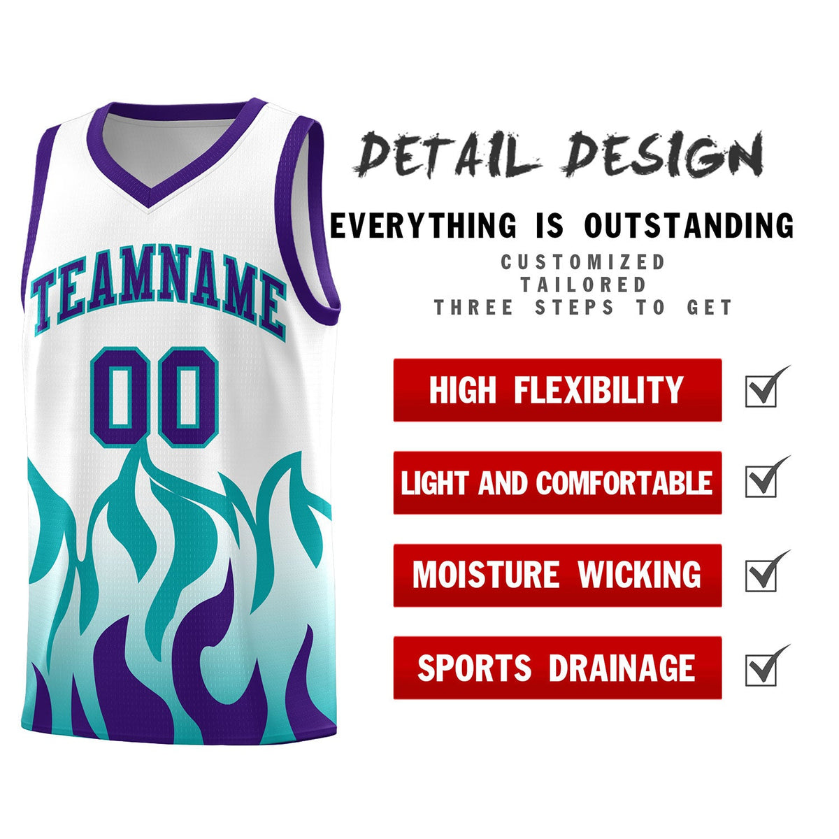 Custom White Aqua Hem Flame Pattern Fashion Sports Uniform Basketball jersey