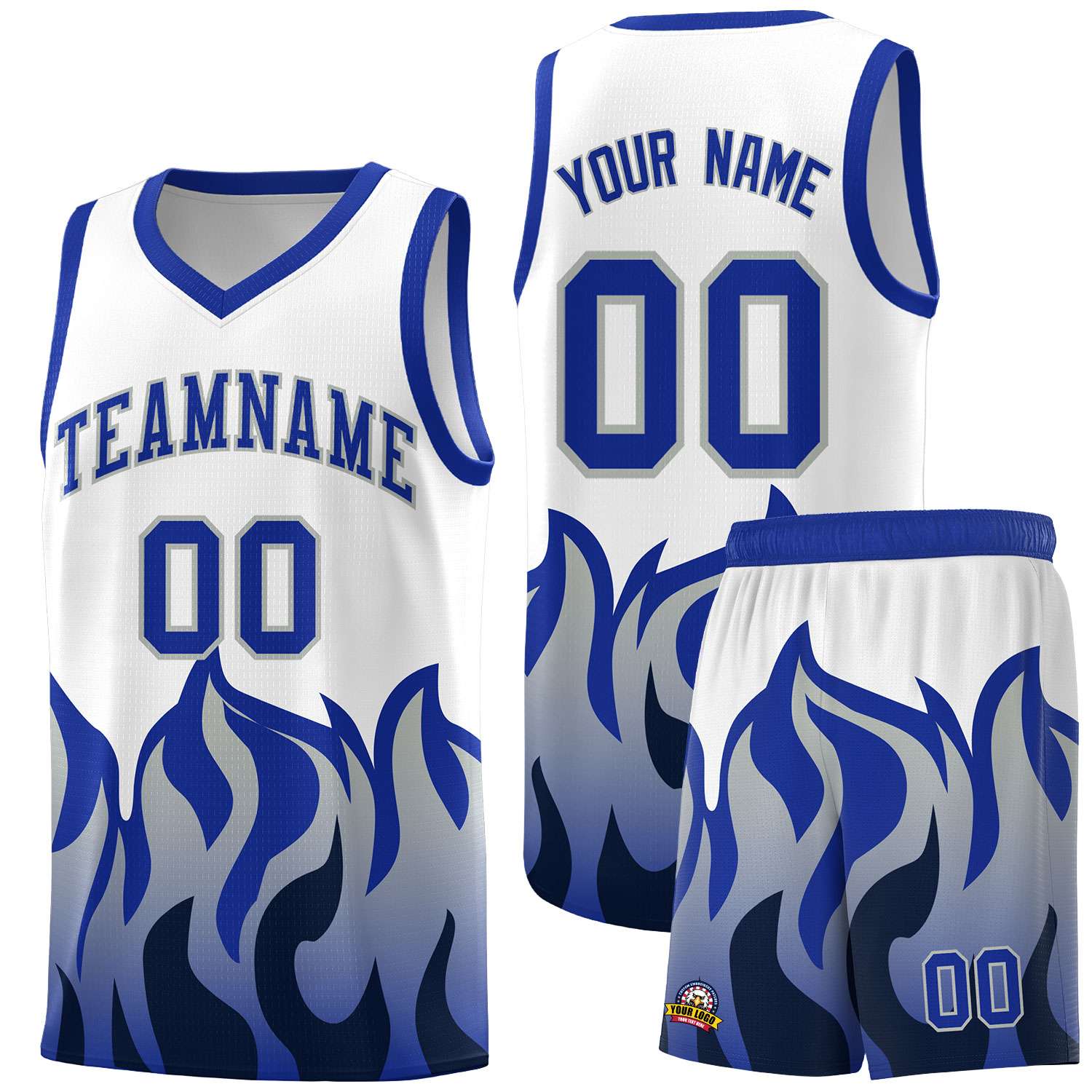 Custom White Royal Hem Flame Pattern Fashion Sports Uniform Basketball jersey