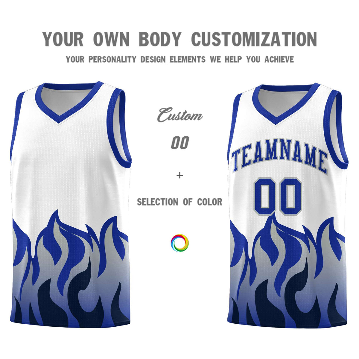Custom White Royal Hem Flame Pattern Fashion Sports Uniform Basketball jersey