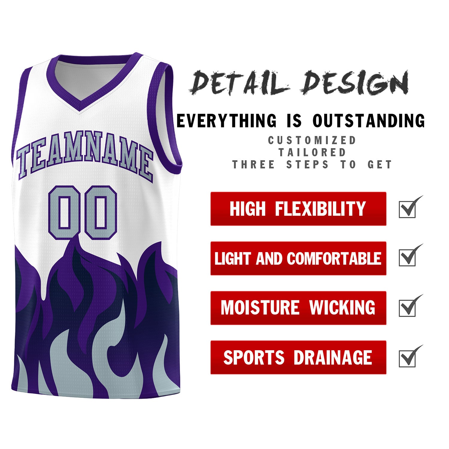 Custom White Purple Hem Flame Pattern Fashion Sports Uniform Basketball jersey
