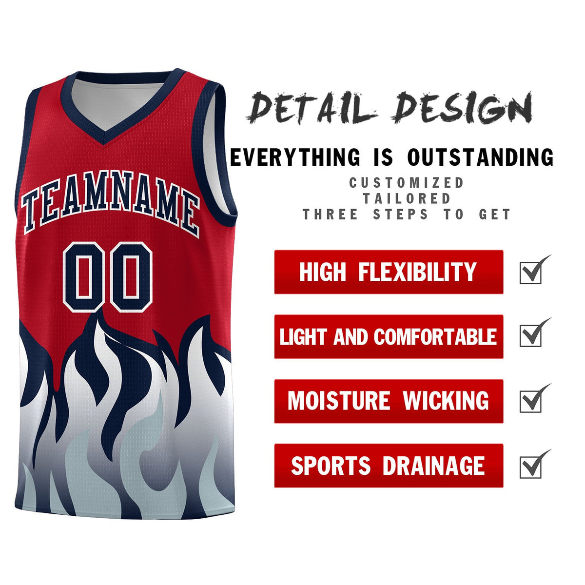 Custom Red Navy Hem Flame Pattern Fashion Sports Uniform Basketball jersey