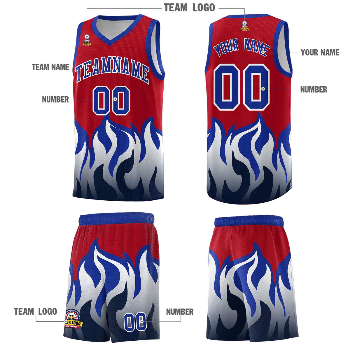 Custom Red Royal Hem Flame Pattern Fashion Sports Uniform Basketball jersey