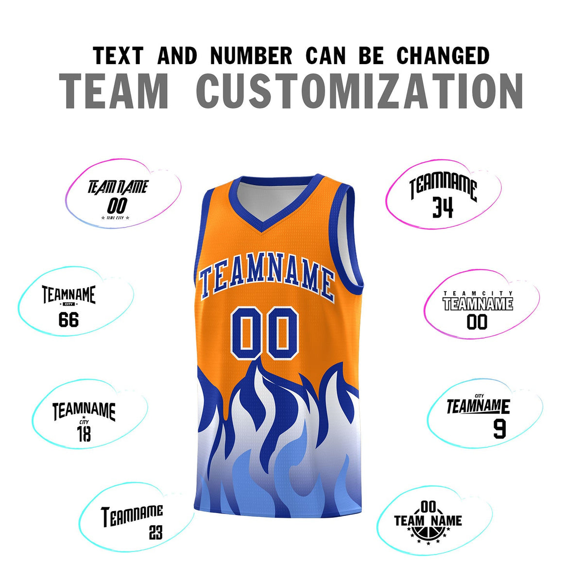 Custom Orange Royal Hem Flame Pattern Fashion Sports Uniform Basketball jersey