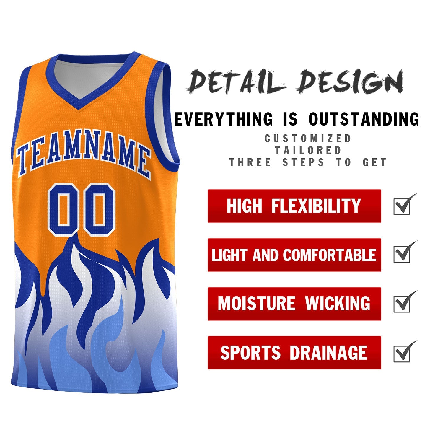 Custom Orange Royal Hem Flame Pattern Fashion Sports Uniform Basketball jersey