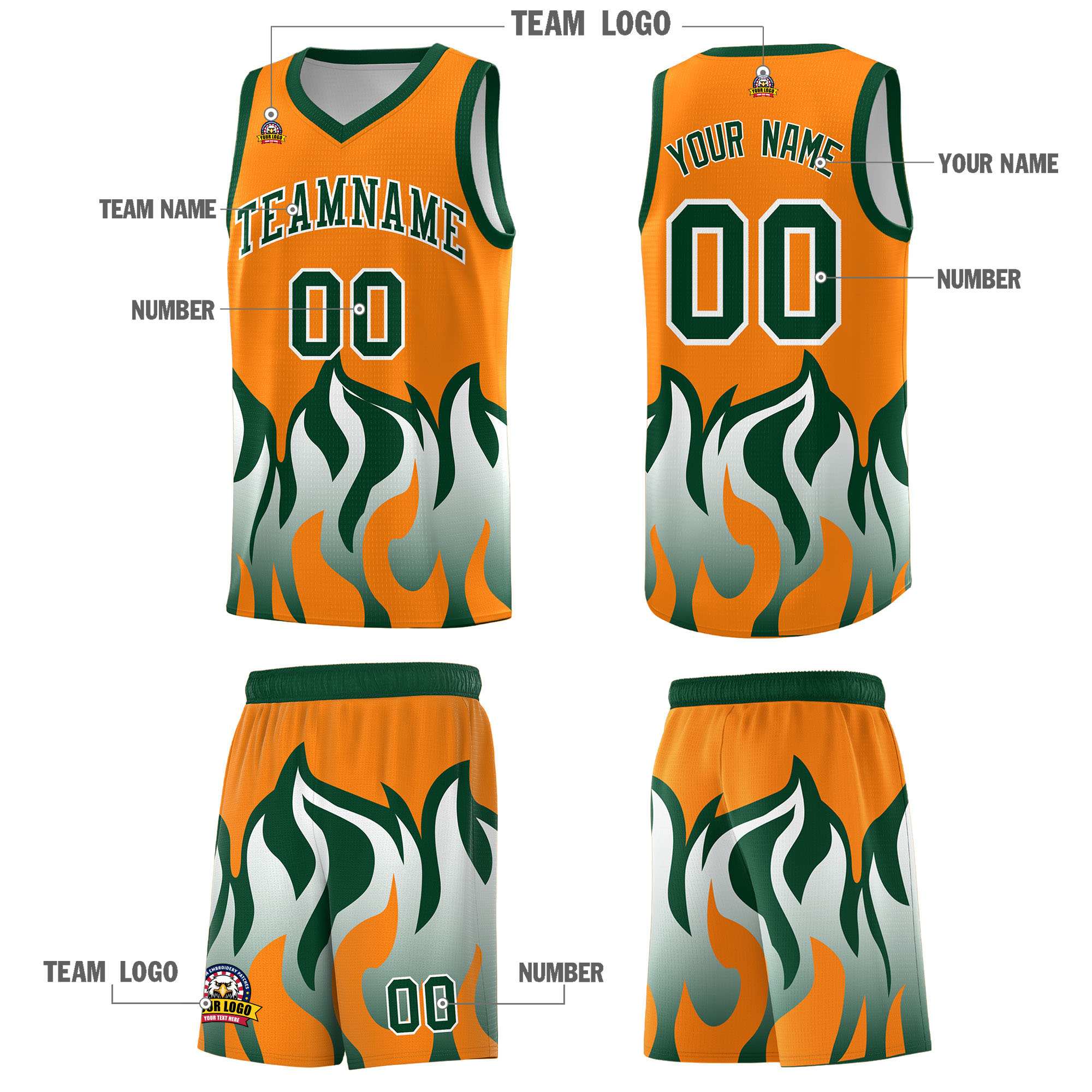 Custom Orange Hunter Green Hem Flame Pattern Fashion Sports Uniform Basketball jersey