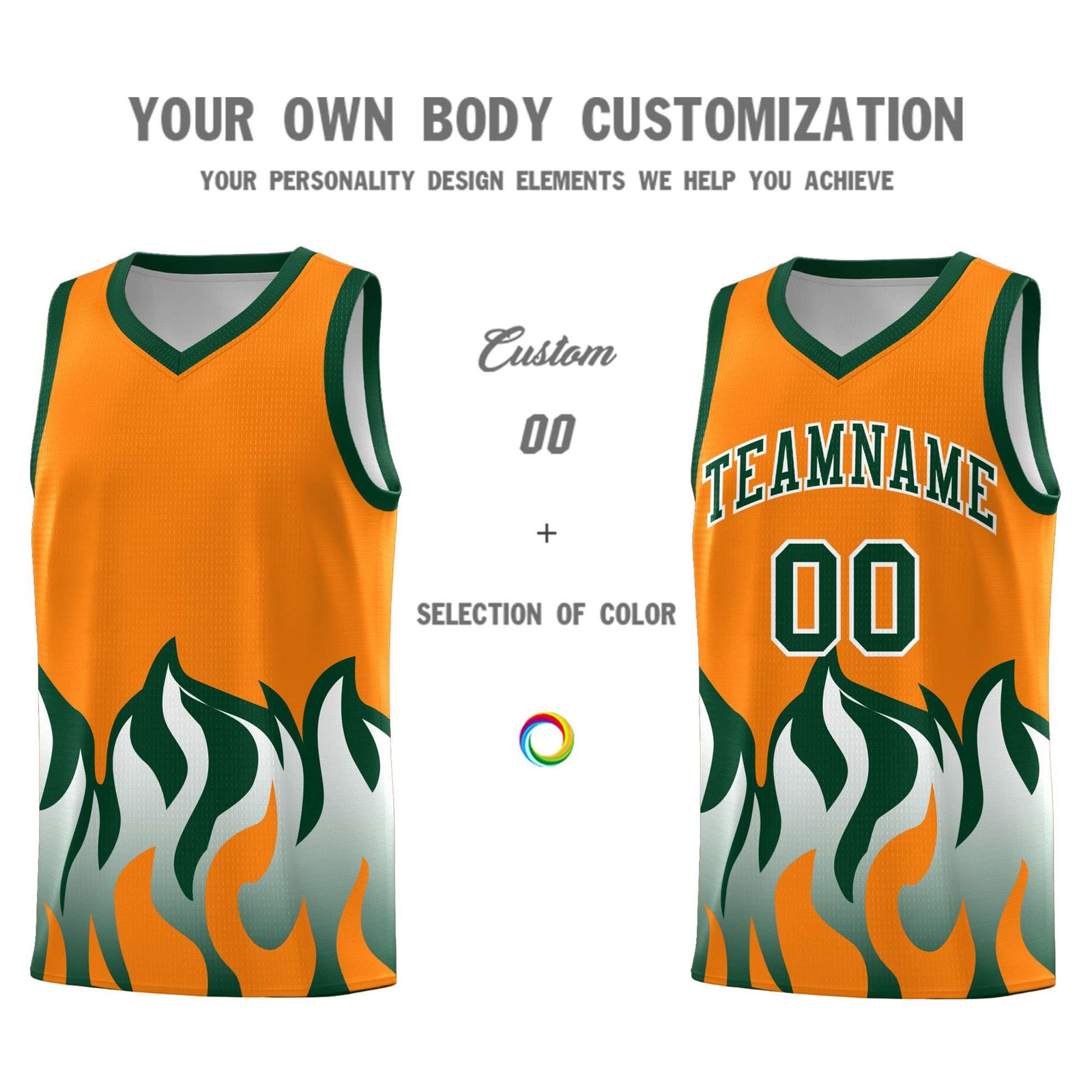 Custom Orange Hunter Green Hem Flame Pattern Fashion Sports Uniform Basketball jersey