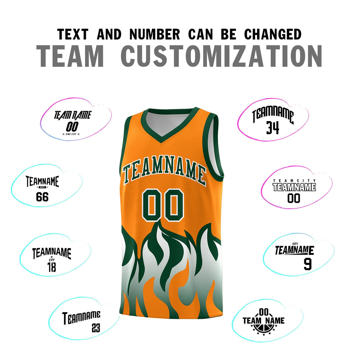 Custom Orange Hunter Green Hem Flame Pattern Fashion Sports Uniform Basketball jersey