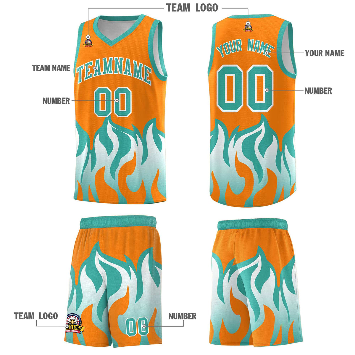 Custom Orange Bright Green Hem Flame Pattern Fashion Sports Uniform Basketball jersey