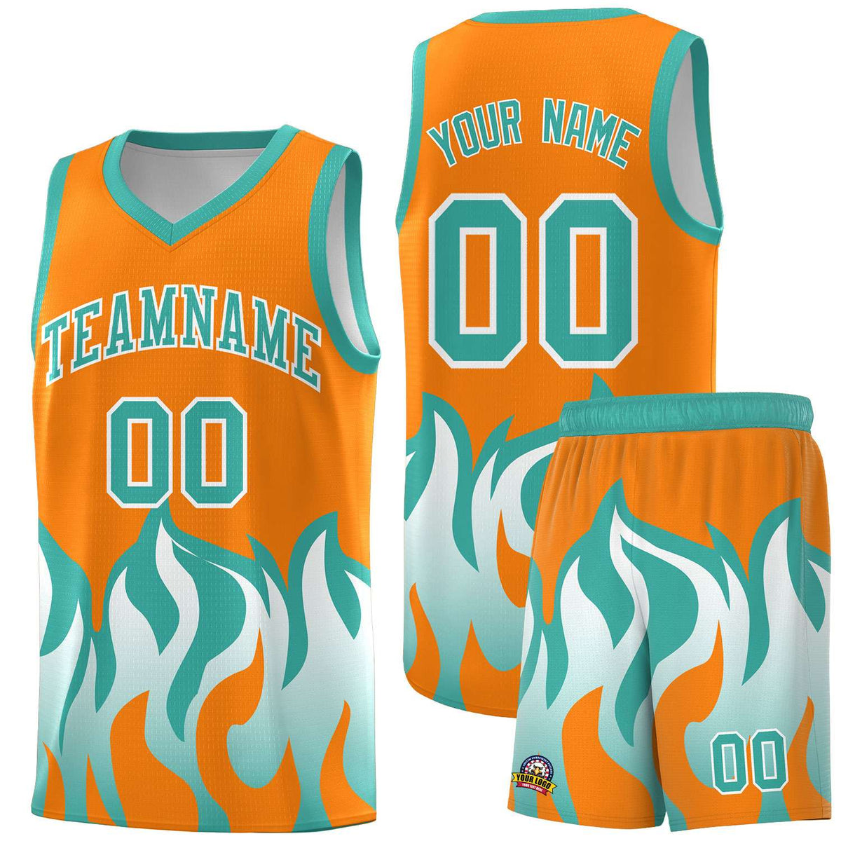 Custom Orange Bright Green Hem Flame Pattern Fashion Sports Uniform Basketball jersey
