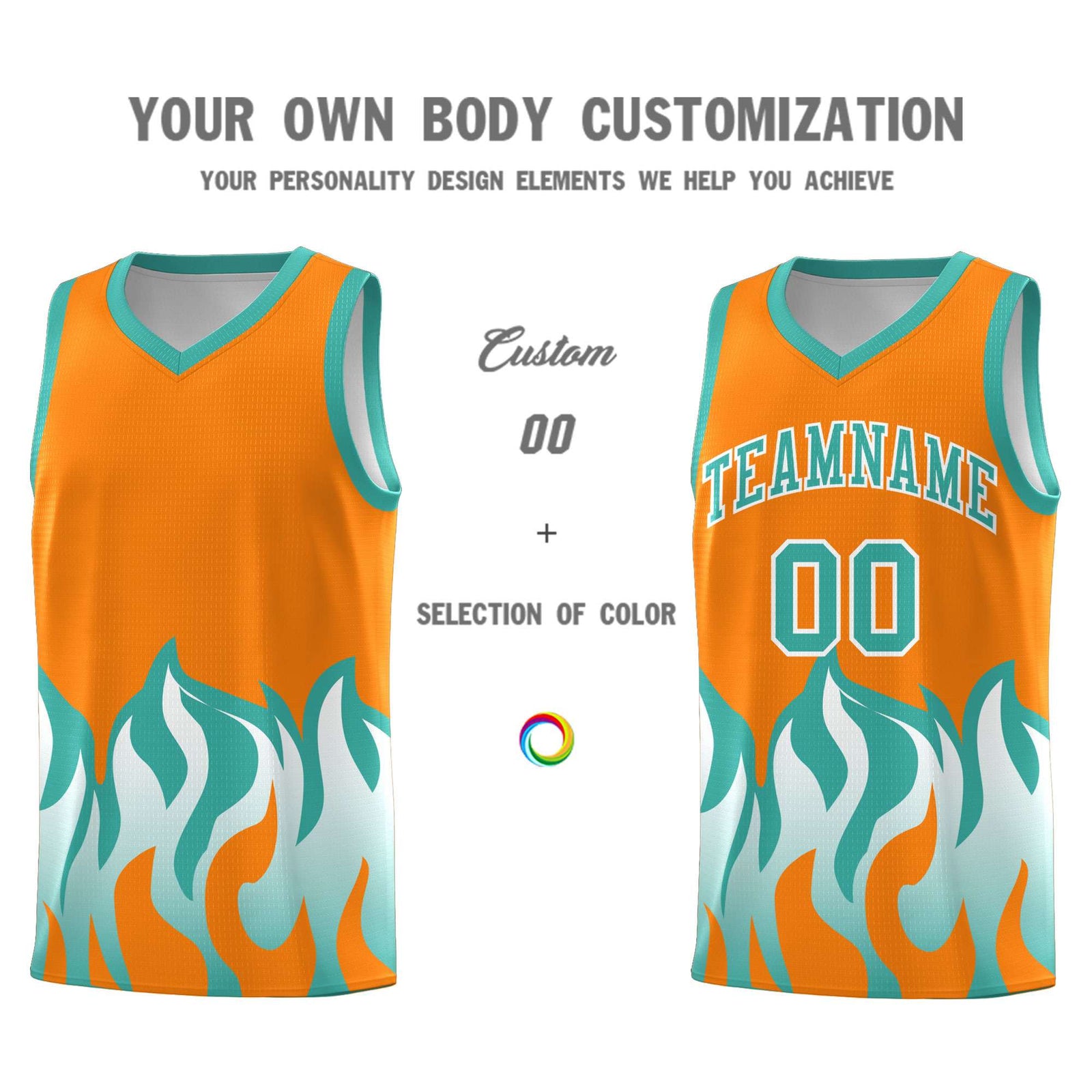Custom Orange Bright Green Hem Flame Pattern Fashion Sports Uniform Basketball jersey