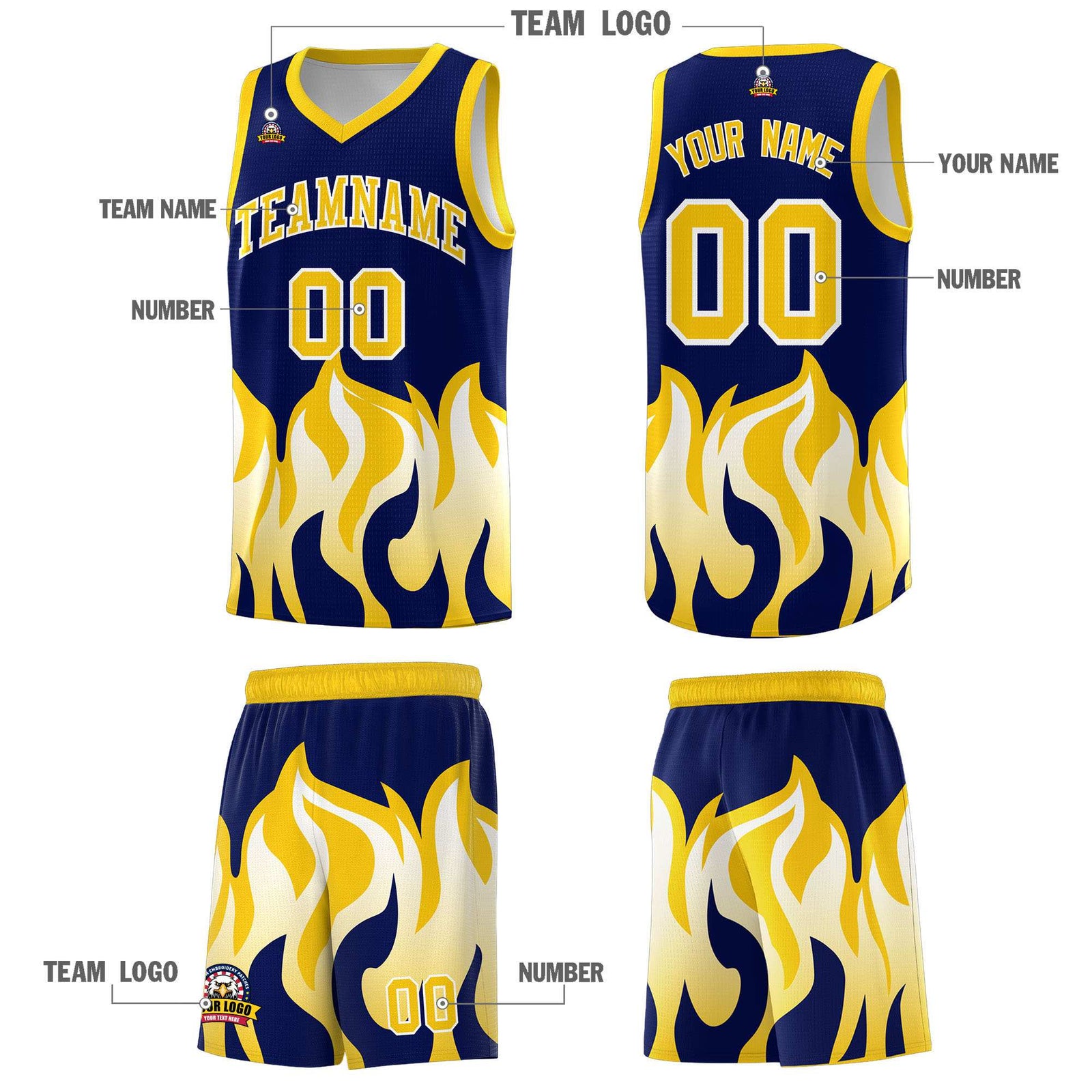 Custom Navy Gold Hem Flame Pattern Fashion Sports Uniform Basketball jersey