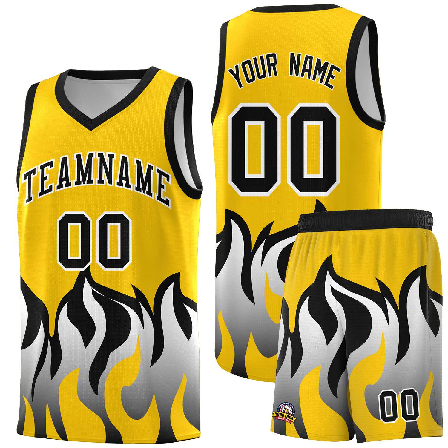 Custom Gold Black Hem Flame Pattern Fashion Sports Uniform Basketball jersey
