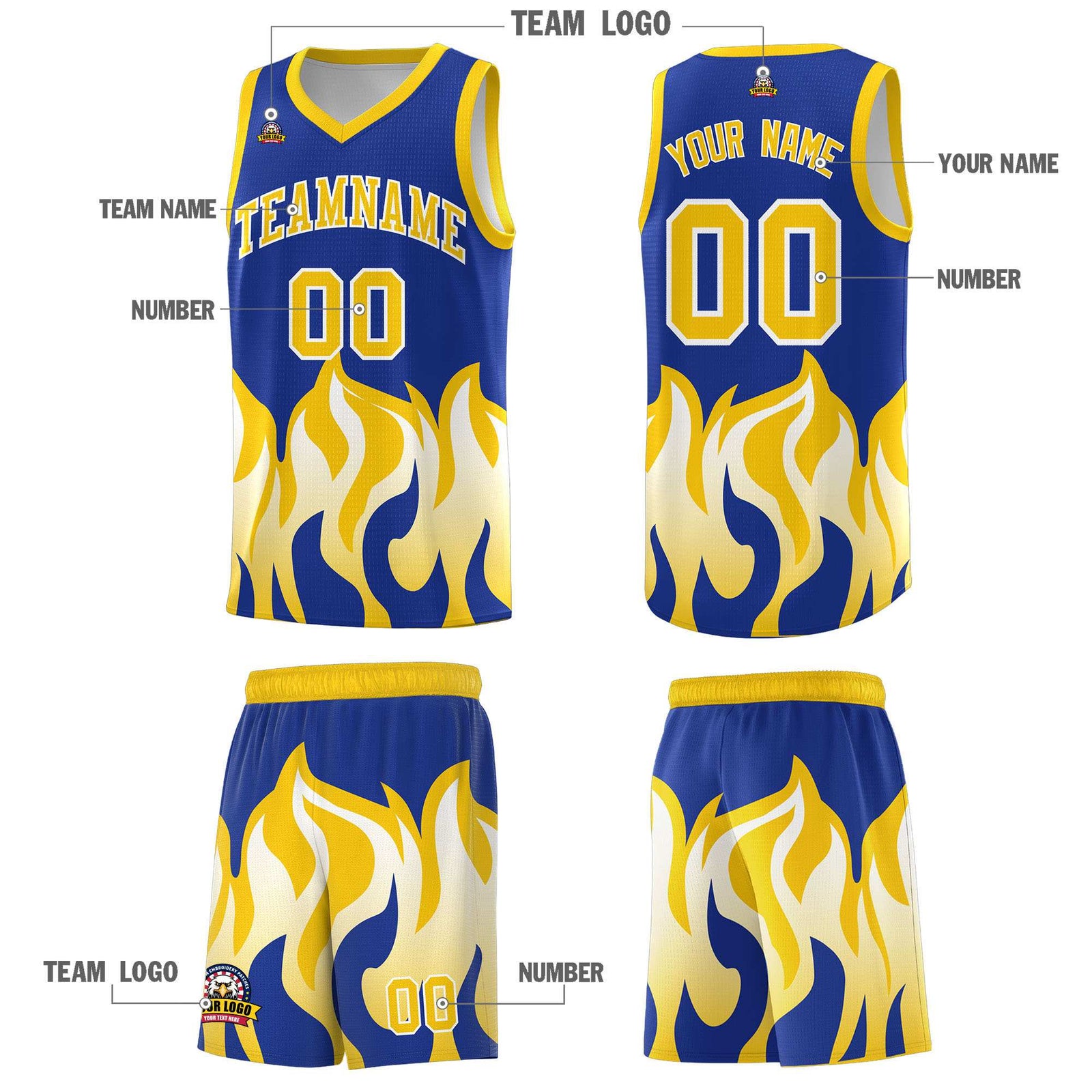 Custom Royal Gold Hem Flame Pattern Fashion Sports Uniform Basketball jersey