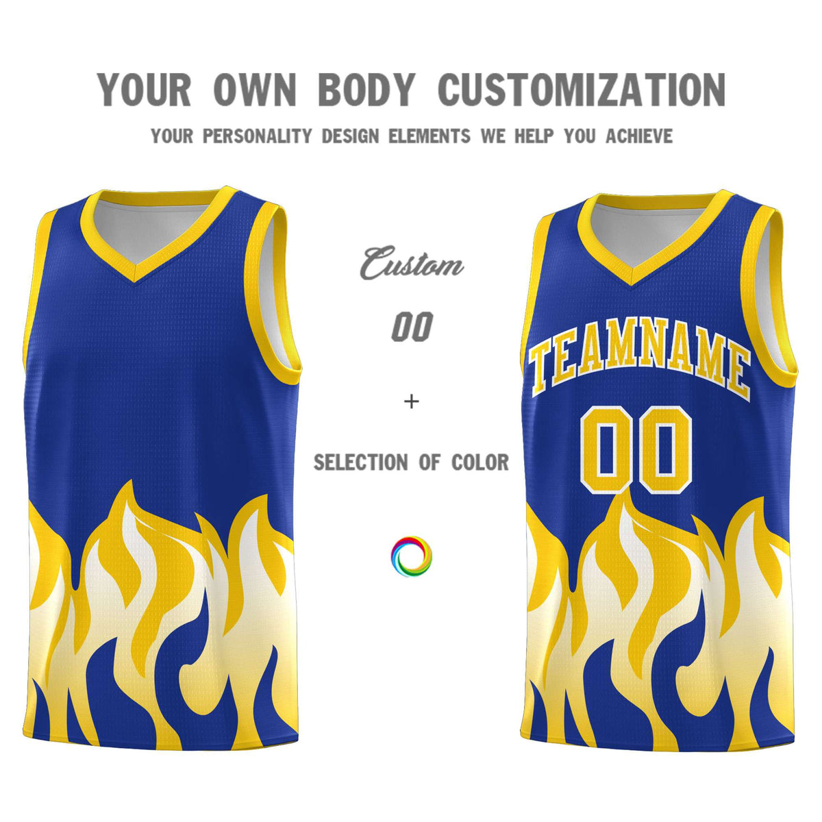 Custom Royal Gold Hem Flame Pattern Fashion Sports Uniform Basketball jersey