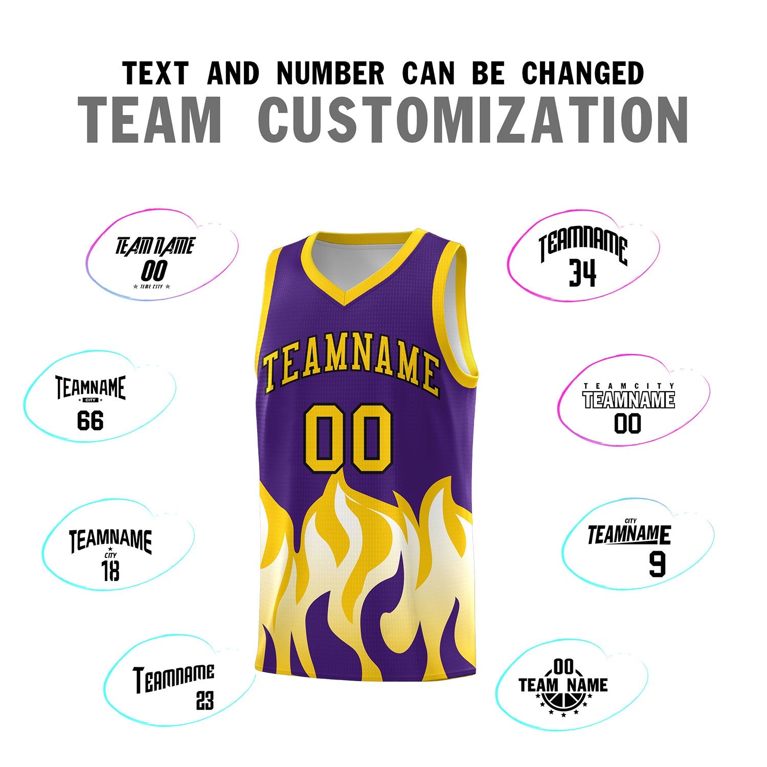 Custom Purple Gold Hem Flame Pattern Fashion Sports Uniform Basketball jersey