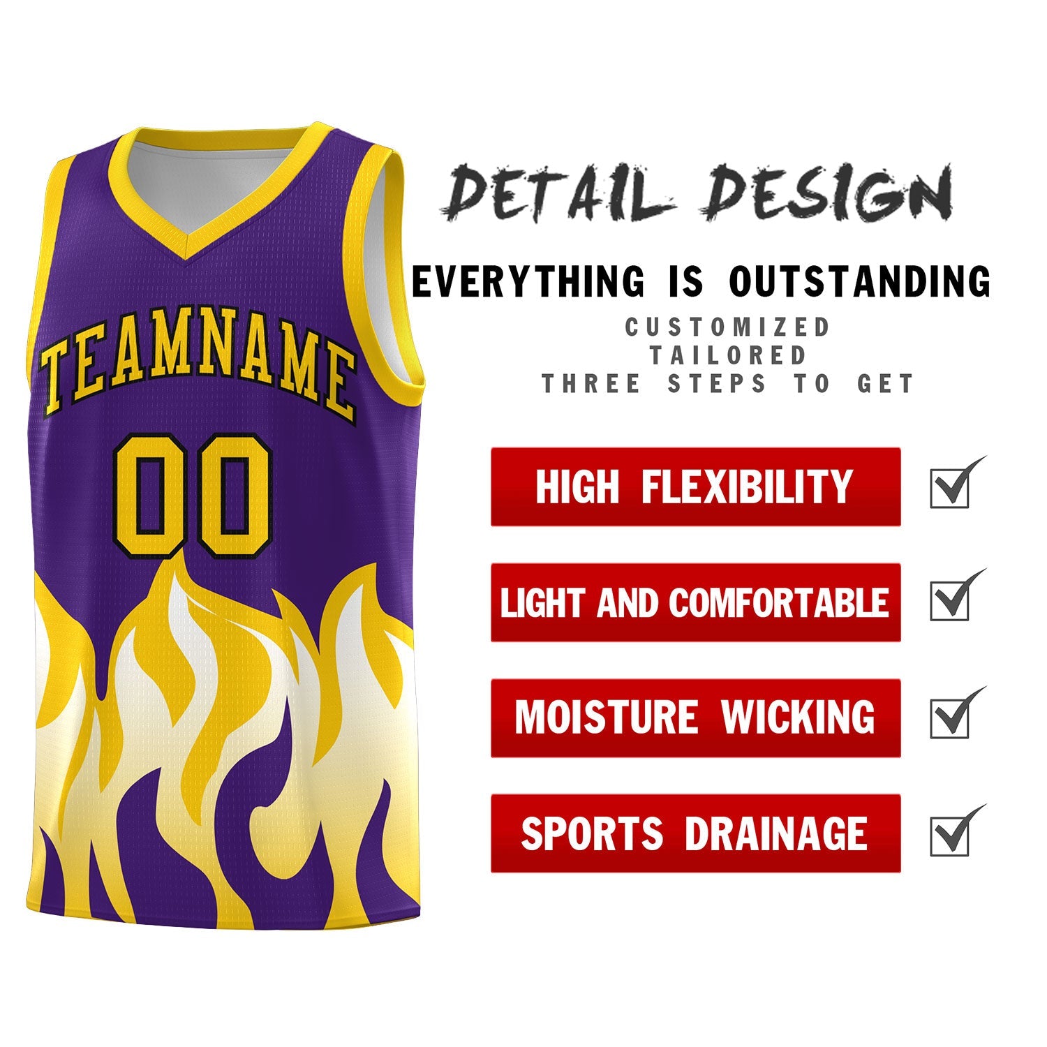 Custom Purple Gold Hem Flame Pattern Fashion Sports Uniform Basketball jersey