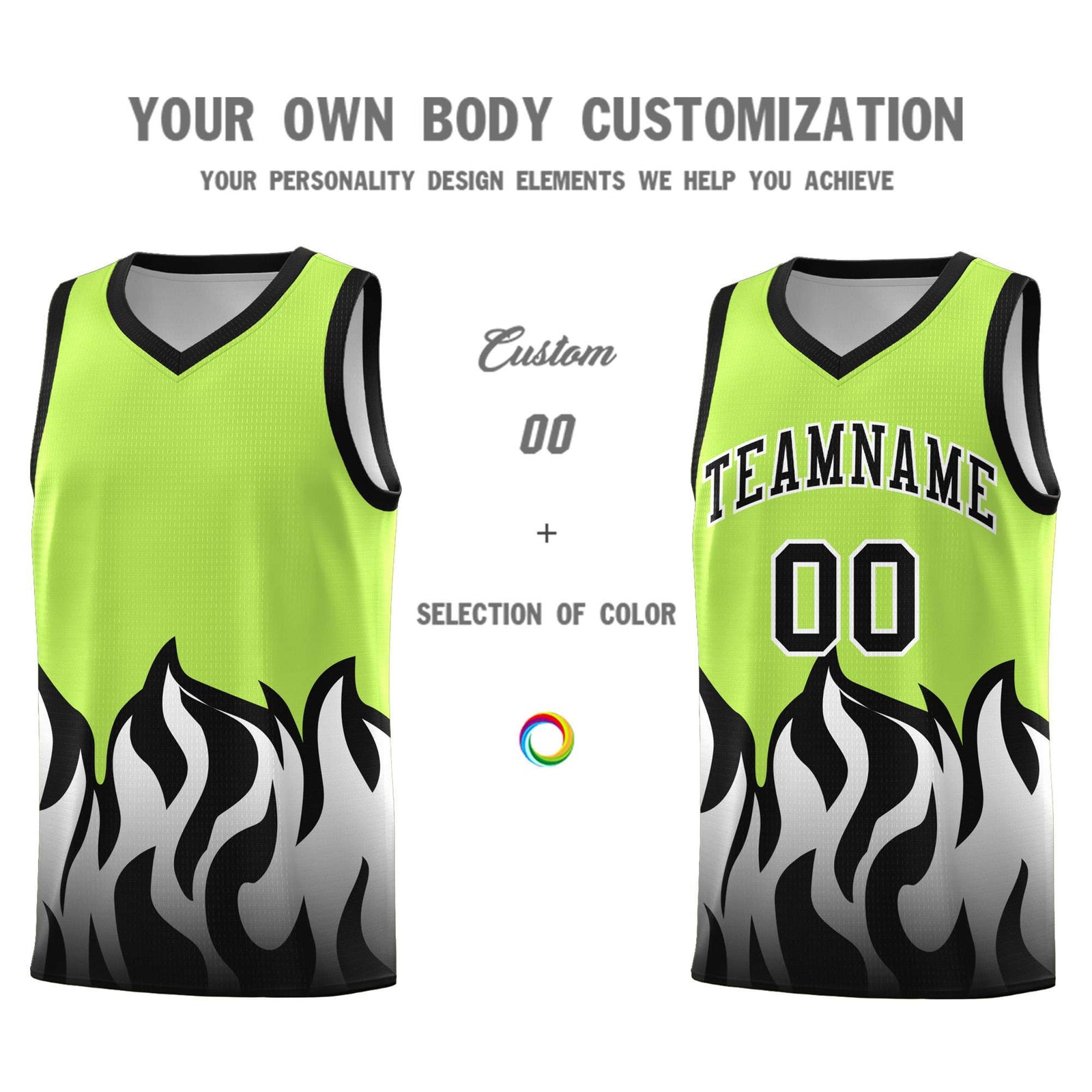 Custom Neon Green Black Hem Flame Pattern Fashion Sports Uniform Basketball jersey