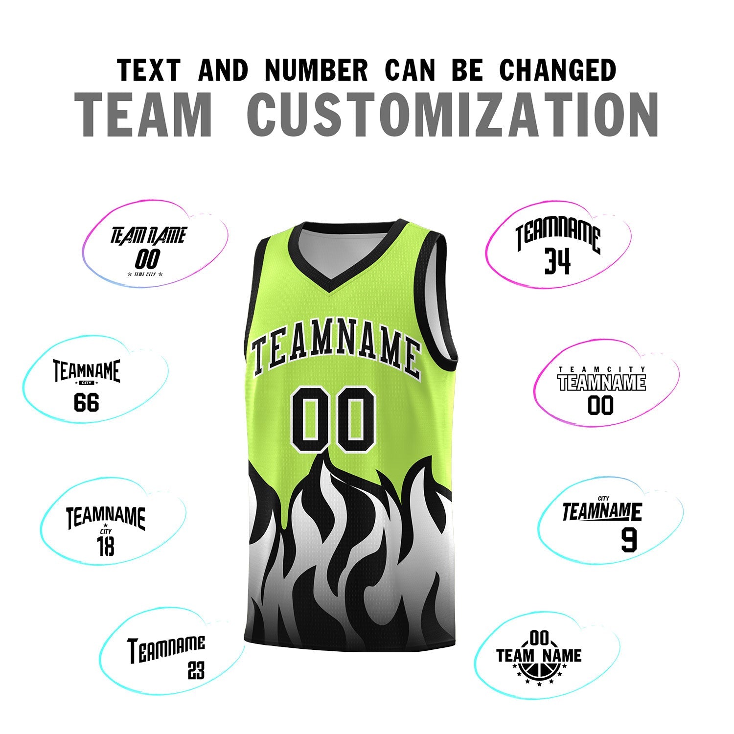 Custom Neon Green Black Hem Flame Pattern Fashion Sports Uniform Basketball jersey