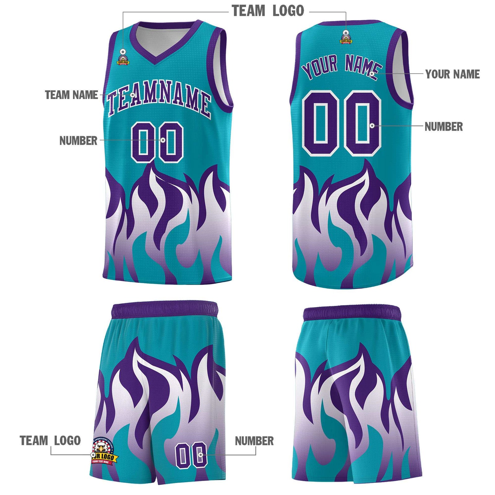 Custom Aqua Purple Hem Flame Pattern Fashion Sports Uniform Basketball jersey