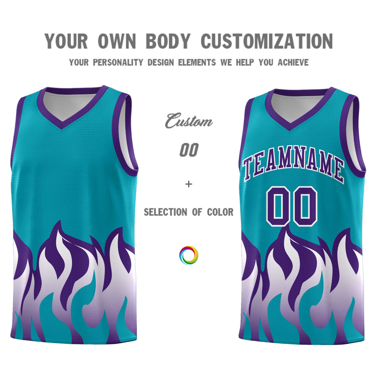 Custom Aqua Purple Hem Flame Pattern Fashion Sports Uniform Basketball jersey