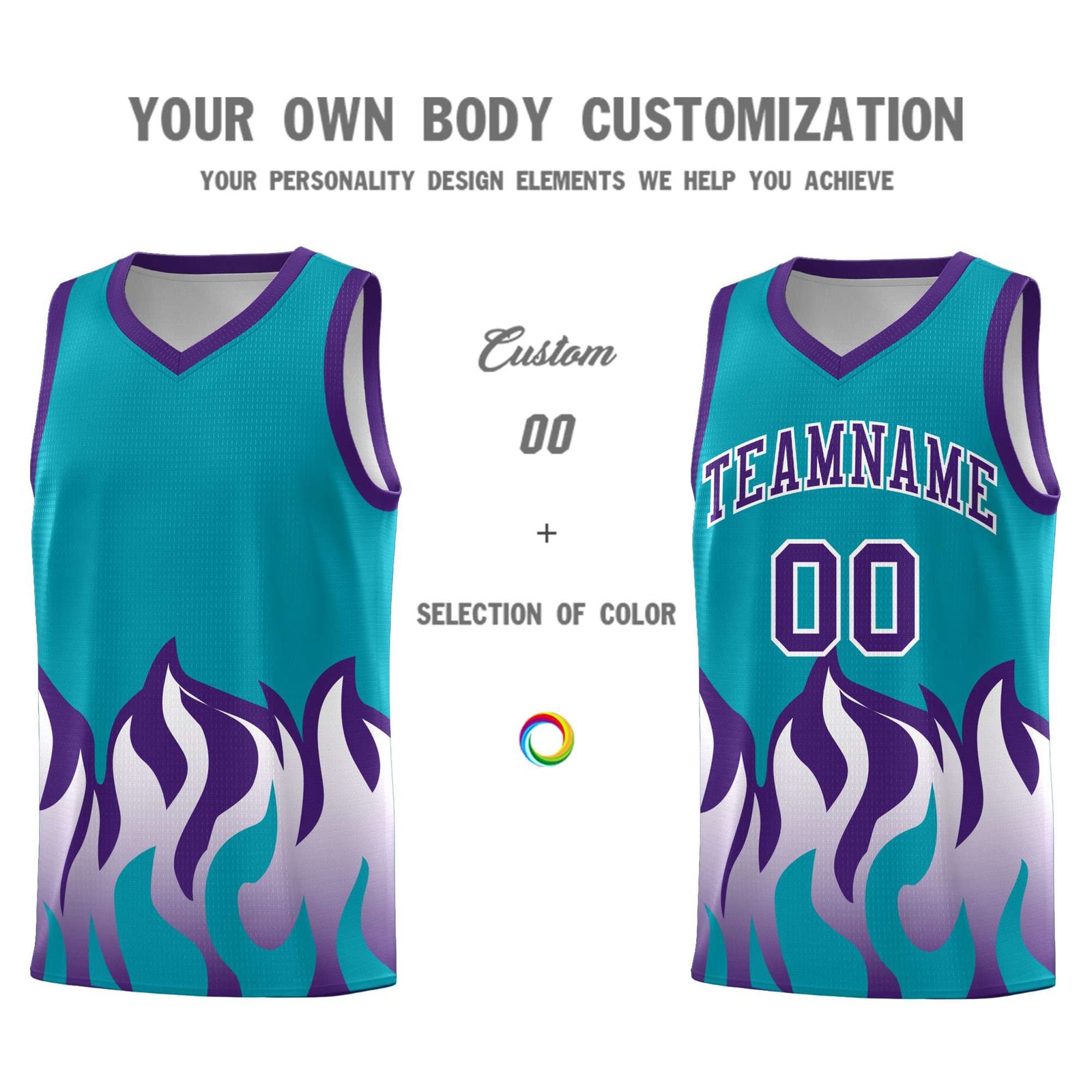 Custom Aqua Purple Hem Flame Pattern Fashion Sports Uniform Basketball jersey