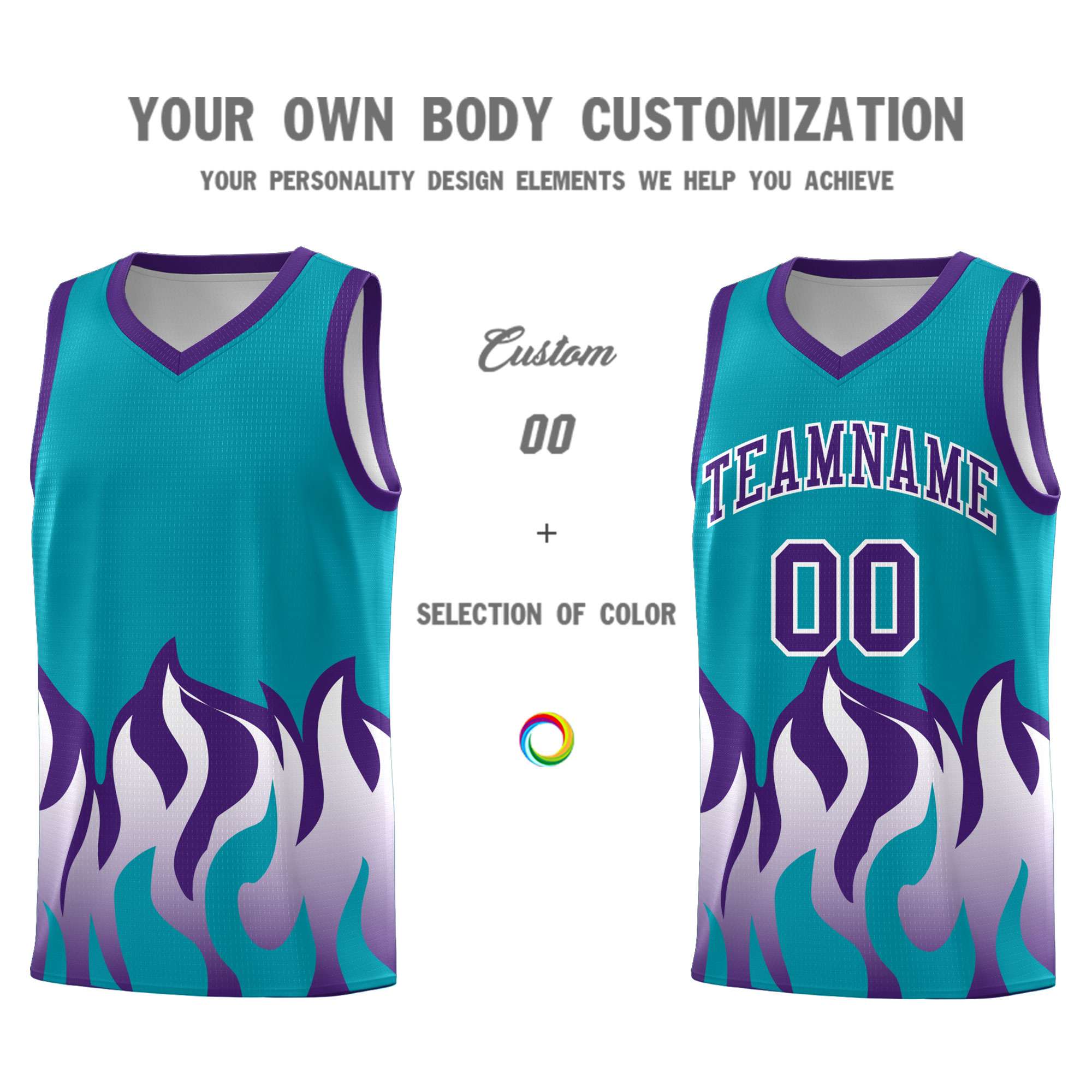 Custom Aqua Purple Hem Flame Pattern Fashion Sports Uniform Basketball jersey