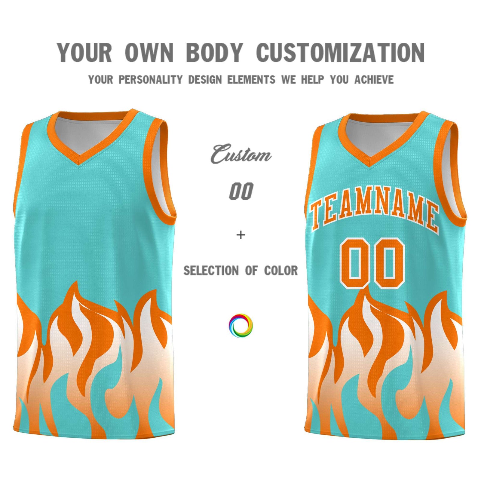 Custom Bright Green Orange Hem Flame Pattern Fashion Sports Uniform Basketball jersey