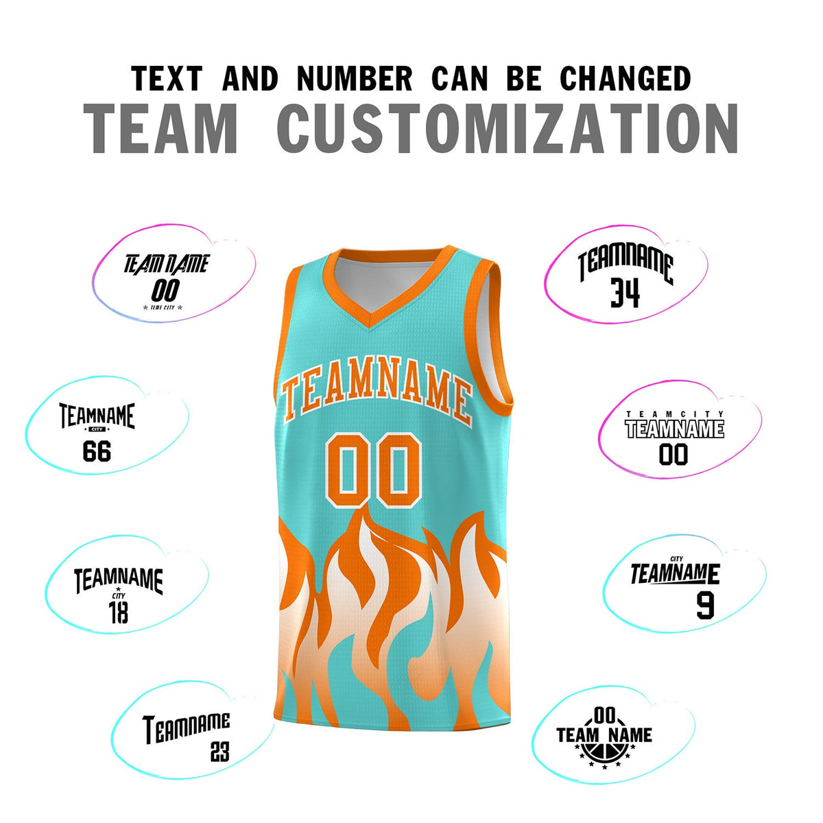 Custom Bright Green Orange Hem Flame Pattern Fashion Sports Uniform Basketball jersey