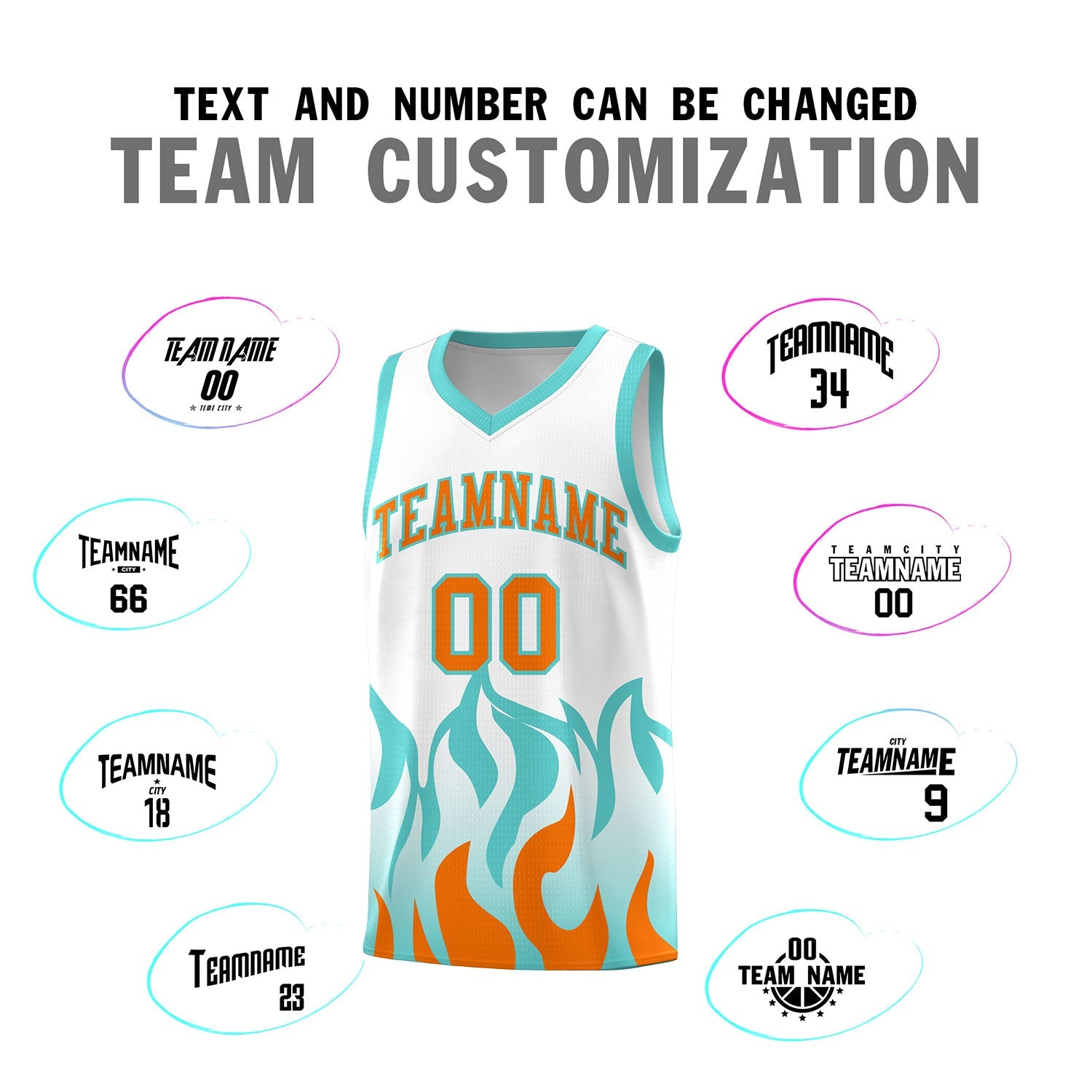 Custom White Orange Hem Flame Pattern Fashion Sports Uniform Basketball jersey