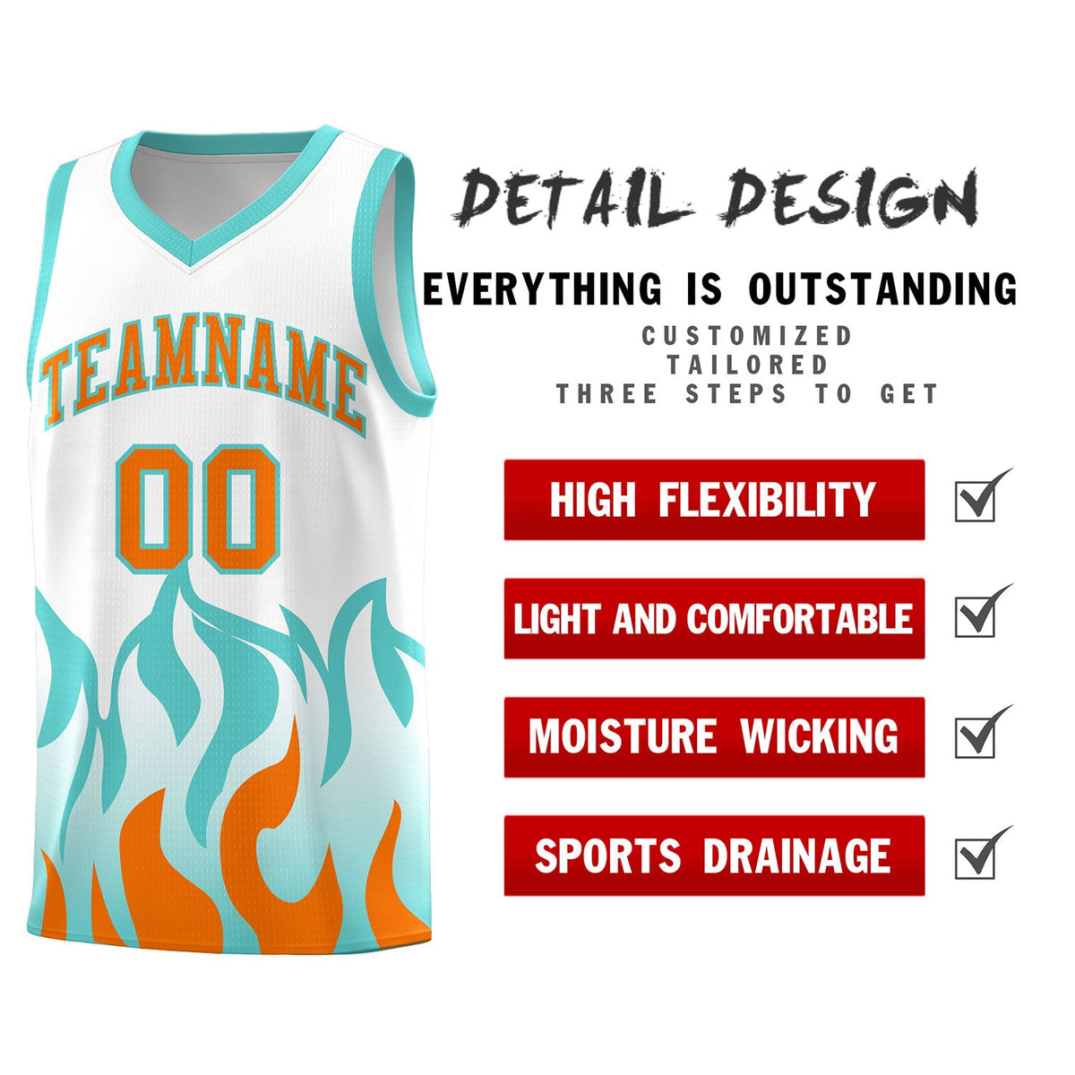 Custom White Orange Hem Flame Pattern Fashion Sports Uniform Basketball jersey