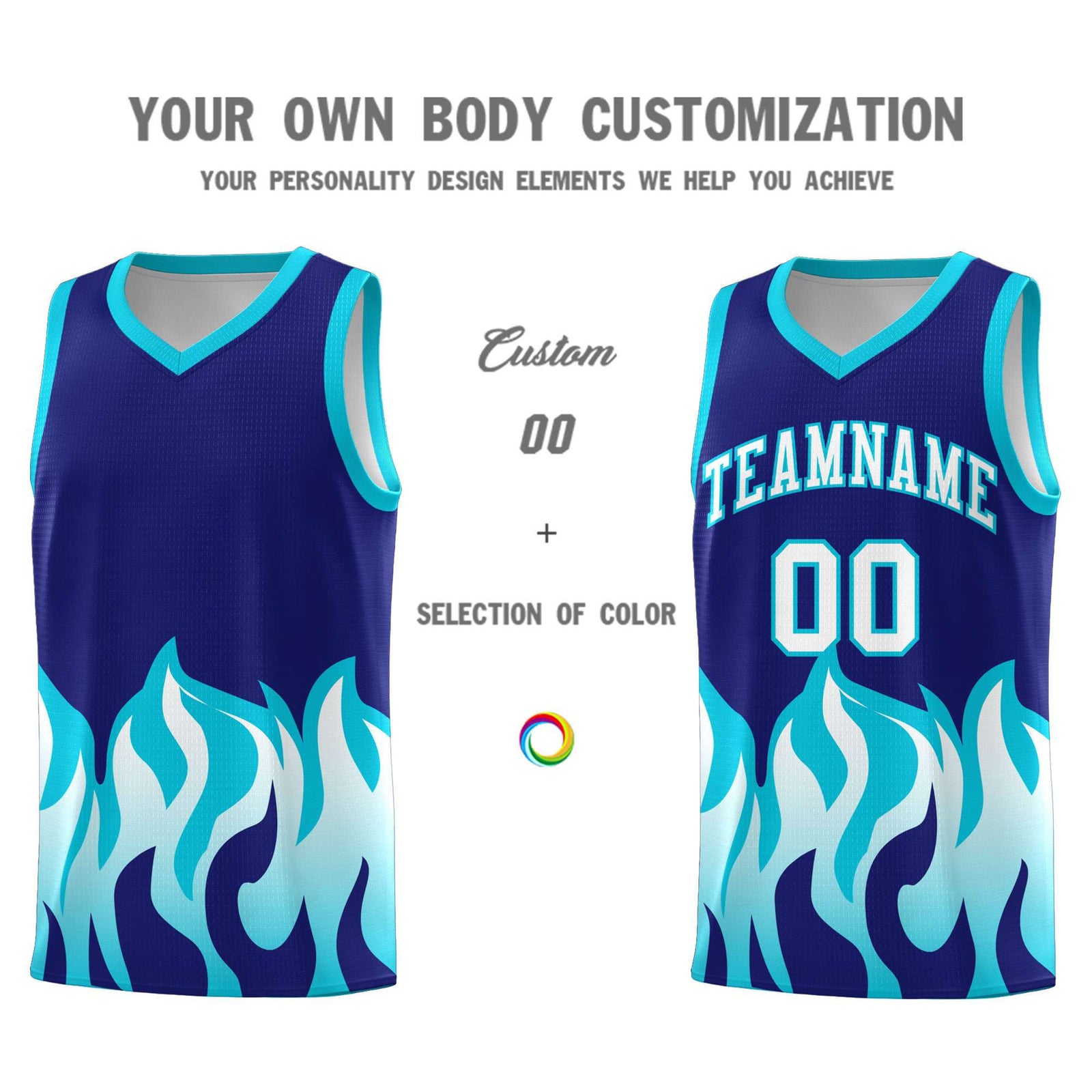 Custom Royal Sky Blue Hem Flame Pattern Fashion Sports Uniform Basketball jersey