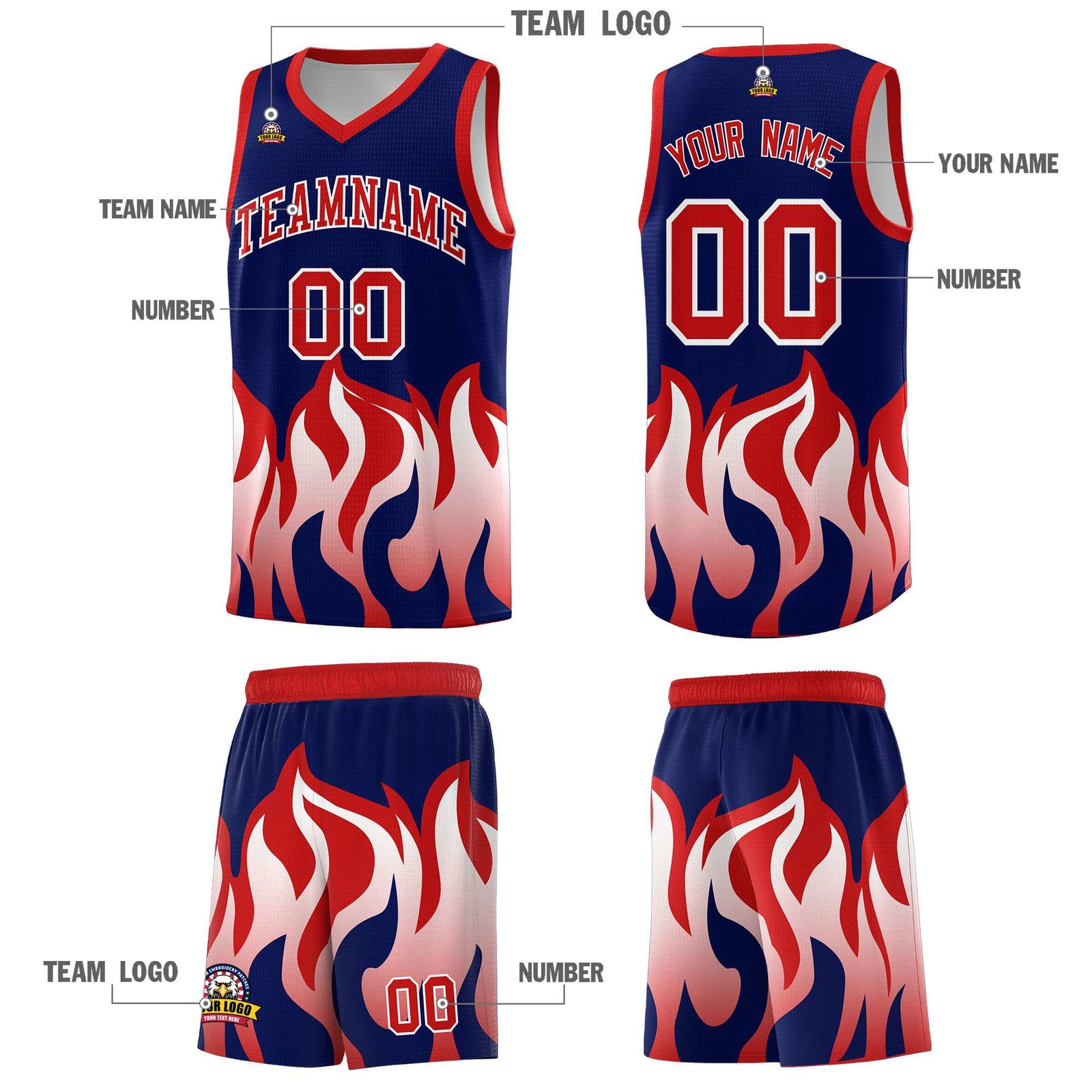Custom Navy Red Hem Flame Pattern Fashion Sports Uniform Basketball jersey