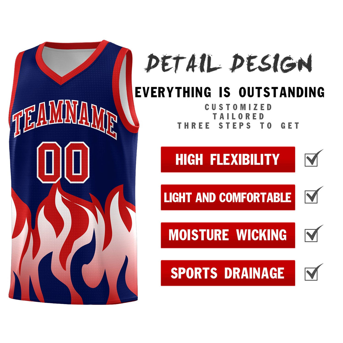 Custom Navy Red Hem Flame Pattern Fashion Sports Uniform Basketball jersey